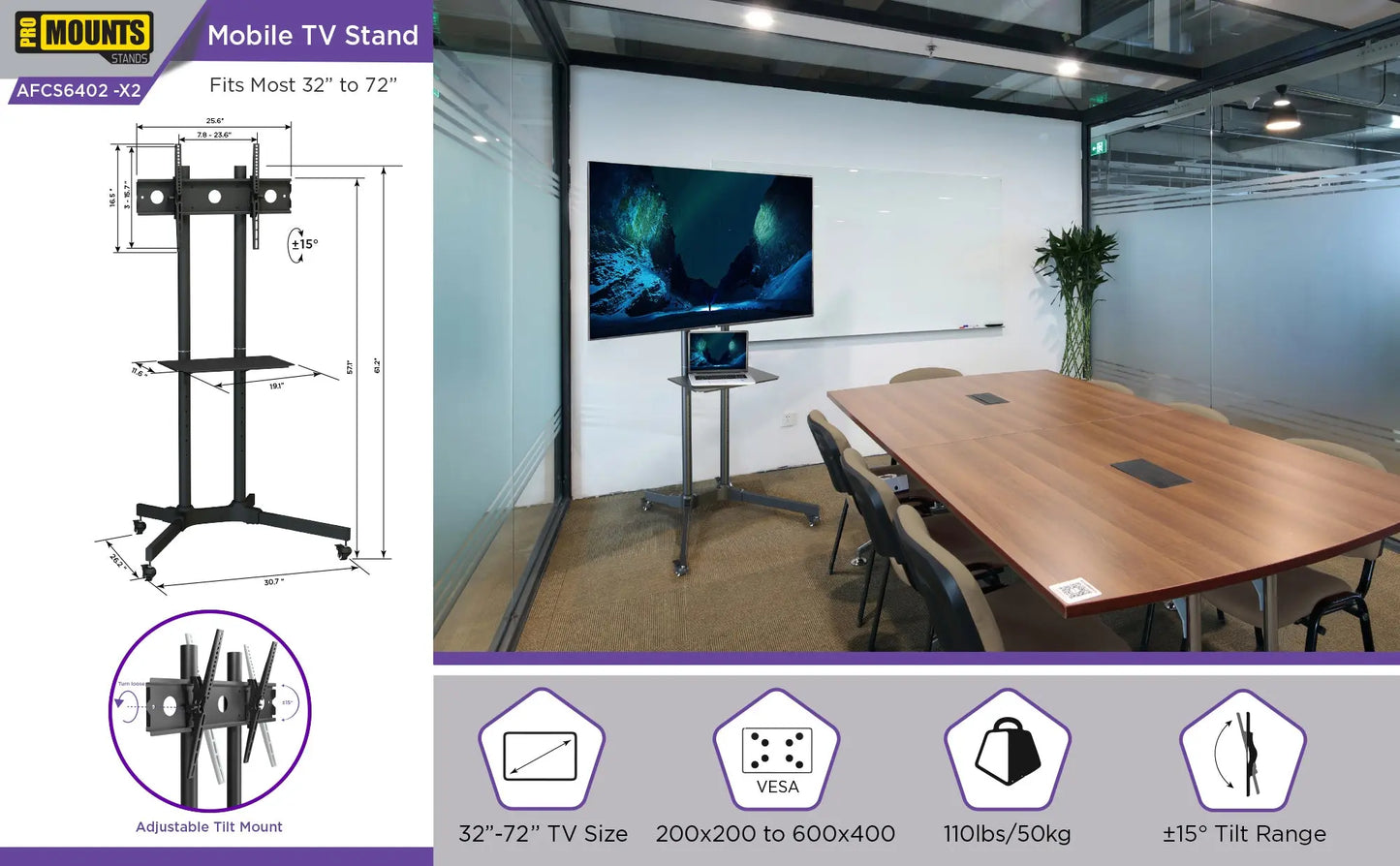 ProMount Rolling TV Stand with Mount and Adjustable Shelf for 32"-72" TVs, holds up to 110lbs (AFCS6402-02) - ProMounts
