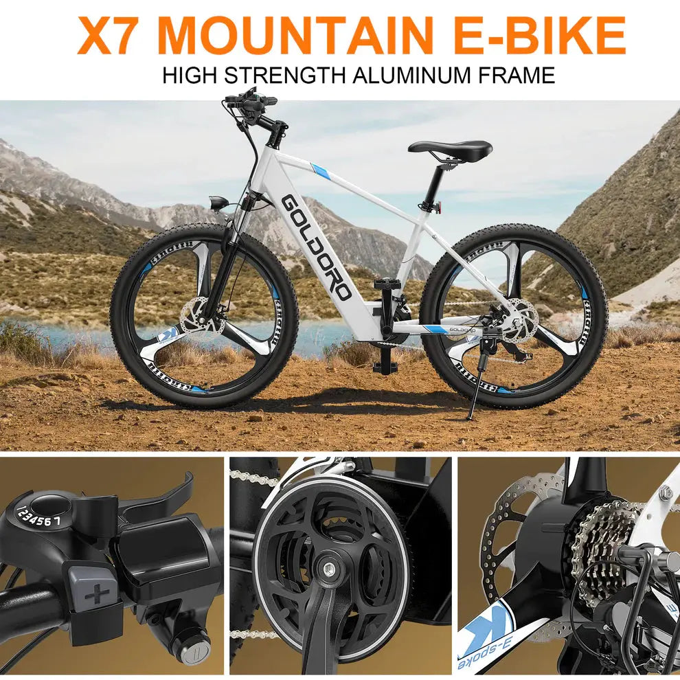 Goldoro Electric Bike 26" X7 Aluminum Alloy Mountain Bike, 350W/36V, MAX 17.4 MPH, 21 speed with Alloy Wheels - ProMounts