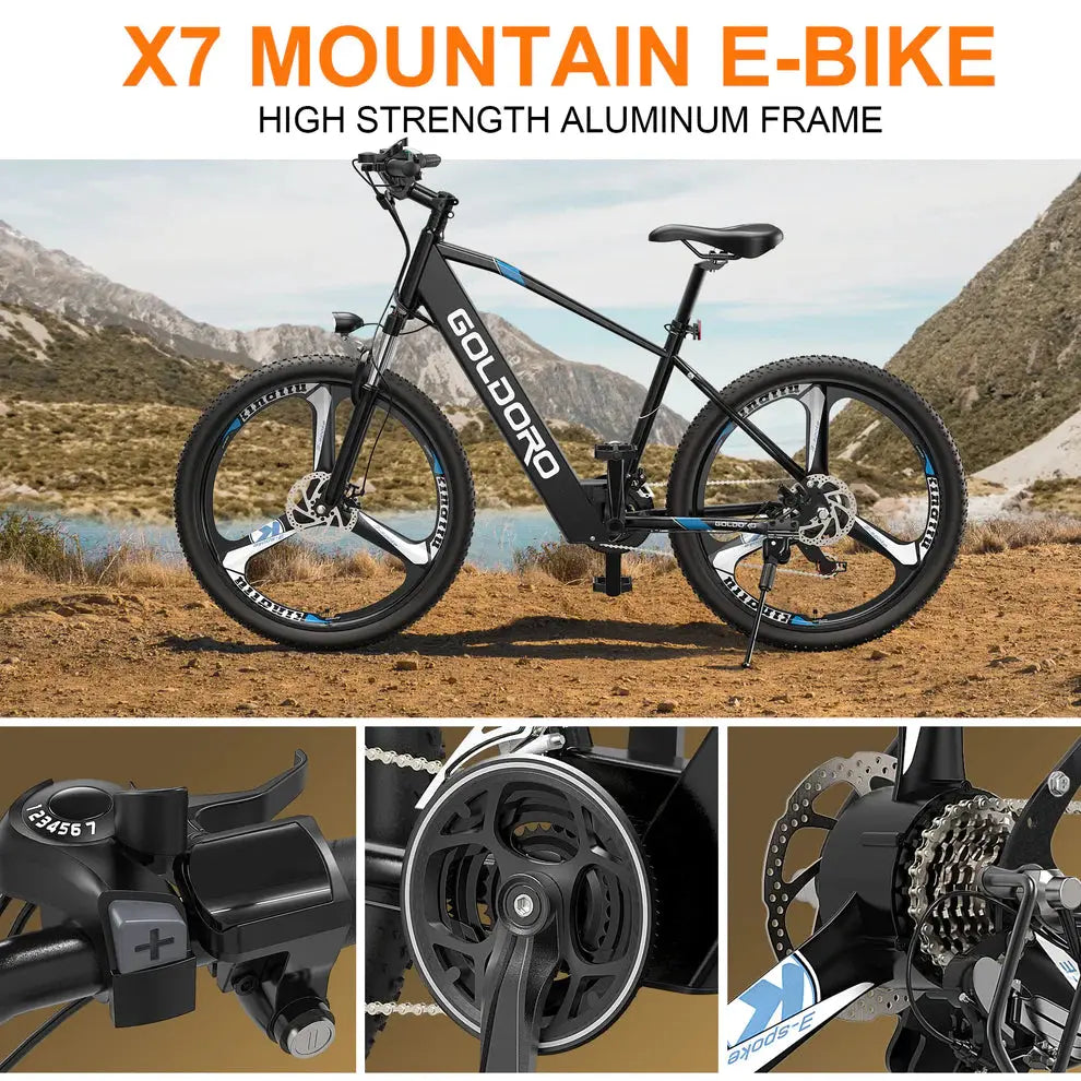 Goldoro Electric Bike 26" X7 Aluminum Alloy Mountain Bike, 350W/36V, MAX 17.4 MPH, 21 speed with Alloy Wheels - ProMounts