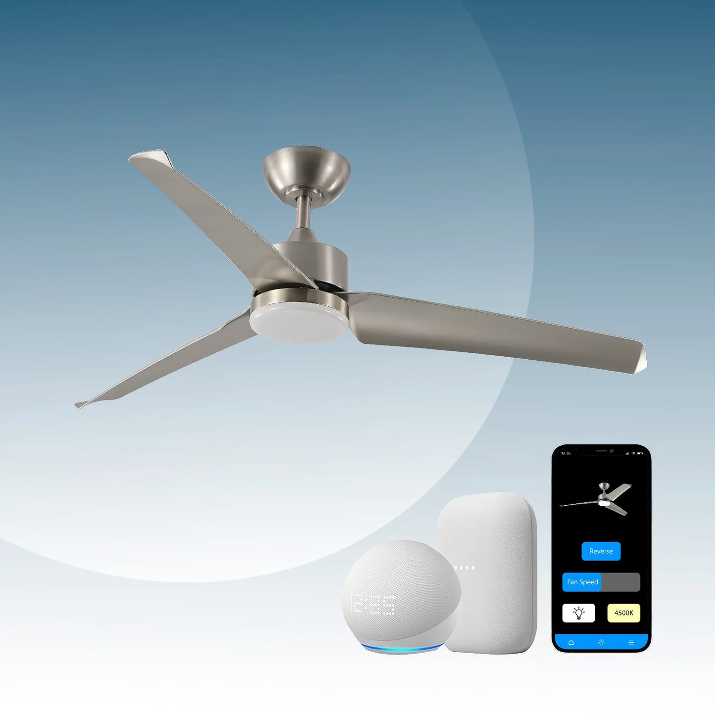 ProMounts 52 in. WiFi 3-Blade Smart Ceiling Fan with Reversible Motor, 6 Speeds and 3 Color Temperatures, App Control, Satin Nickel - ProMounts