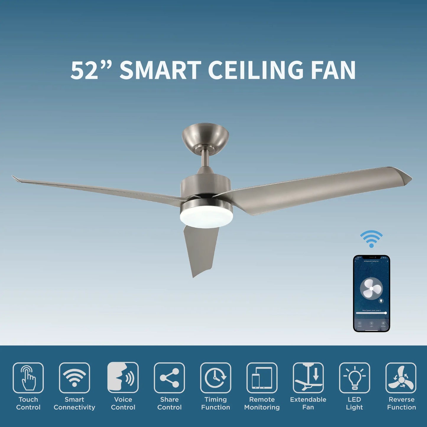 ProMounts 52 in. WiFi 3-Blade Smart Ceiling Fan with Reversible Motor, 6 Speeds and 3 Color Temperatures, App Control, Satin Nickel - ProMounts
