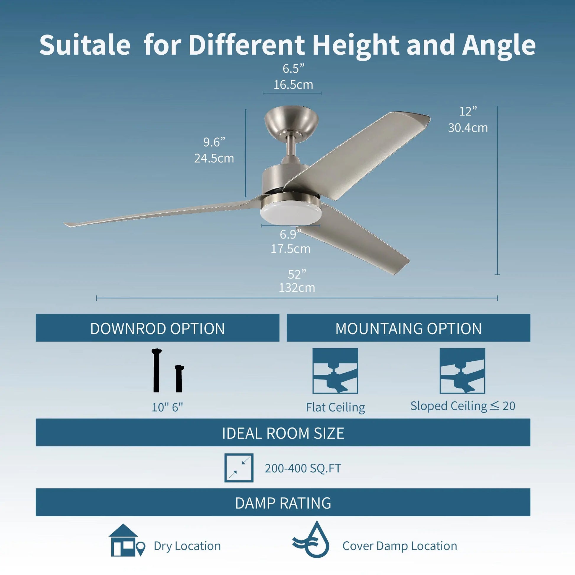 ProMounts 52 in. WiFi 3-Blade Smart Ceiling Fan with Reversible Motor, 6 Speeds and 3 Color Temperatures, App Control, Satin Nickel - ProMounts
