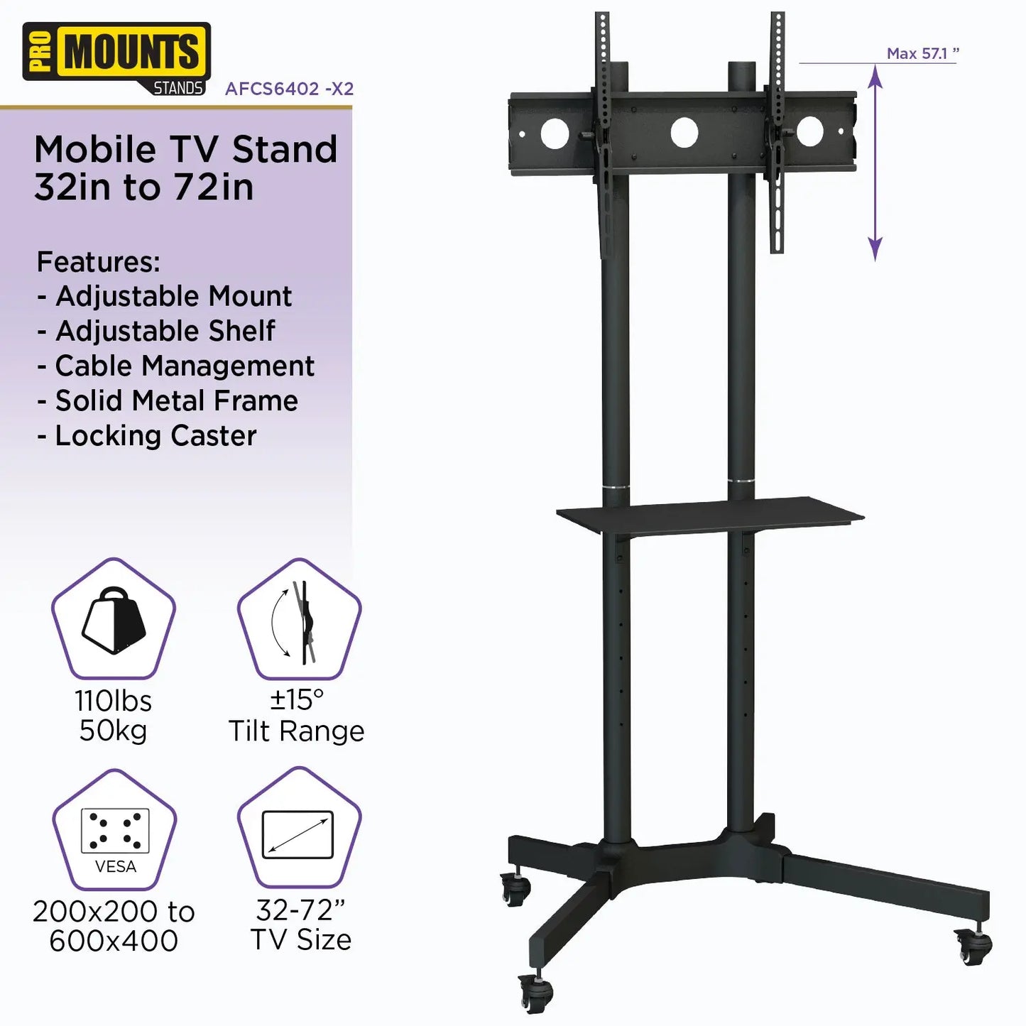 ProMount Rolling TV Stand with Mount and Adjustable Shelf for 32"-72" TVs, holds up to 110lbs (AFCS6402-02) - ProMounts
