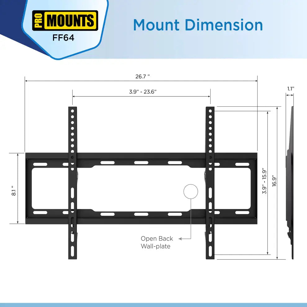 ProMounts Flat / Fixed TV Wall Mount for 42" to 84" TVs, Holds Up to 143lbs (FF64) - ProMounts
