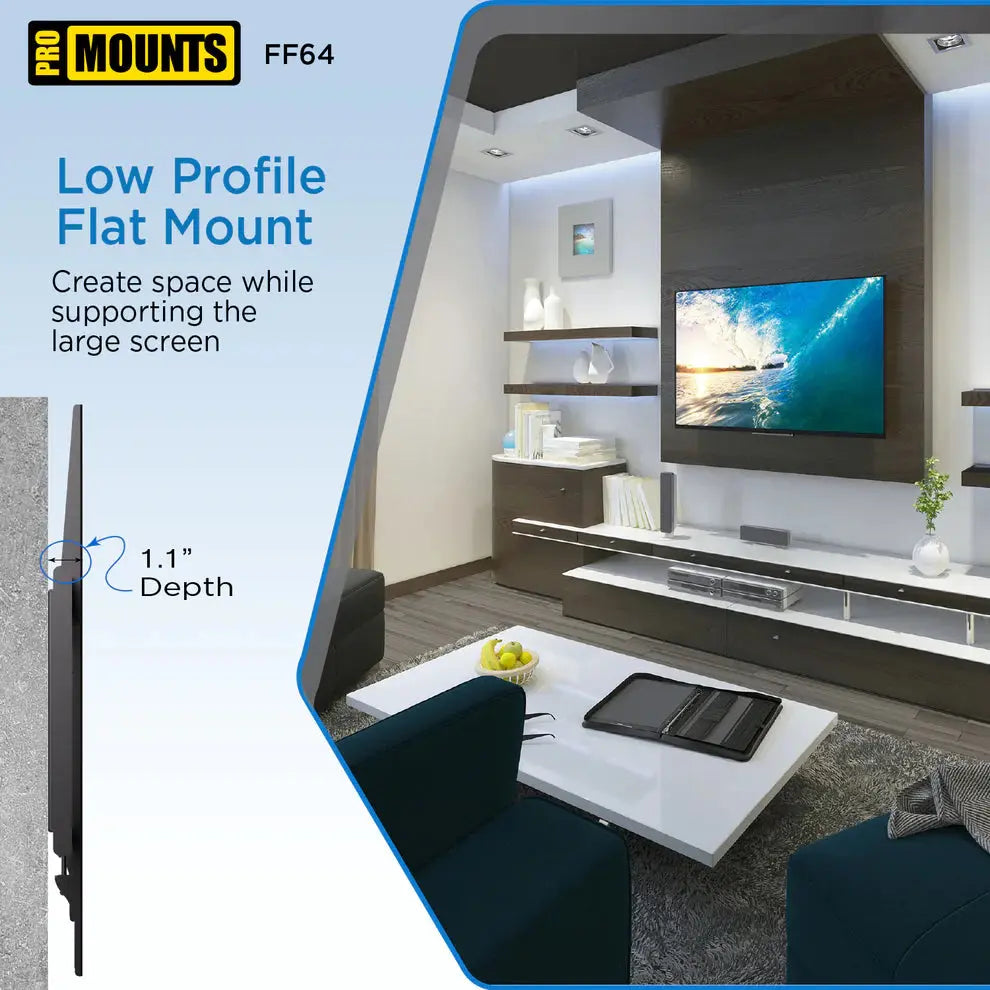 ProMounts Flat / Fixed TV Wall Mount for 42" to 84" TVs, Holds Up to 143lbs (FF64) - ProMounts