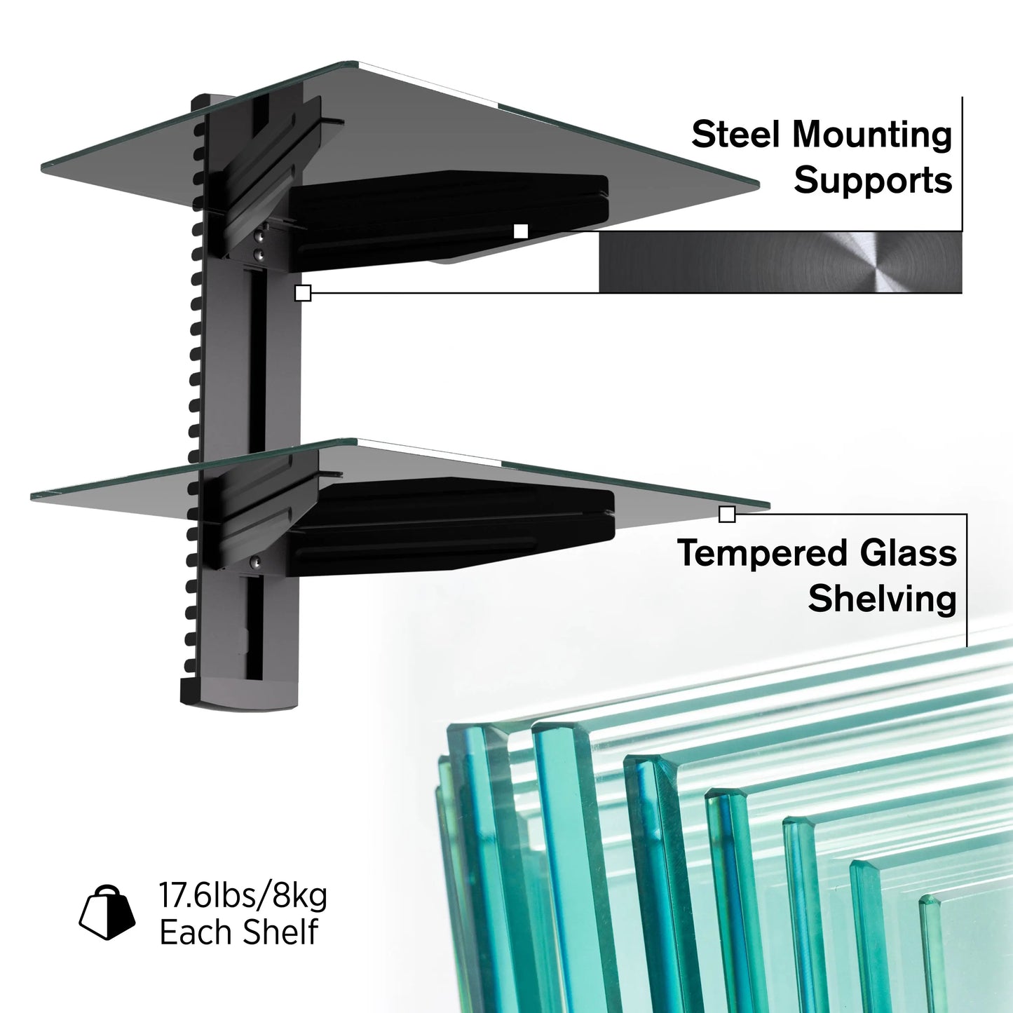 ProMounts Durable Double Glass AV Wall Shelf, Supports up to 36lbs (FSH2) - ProMounts