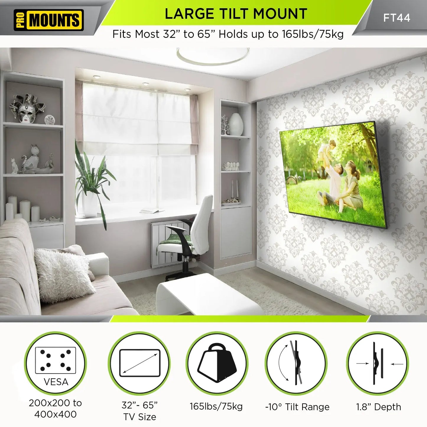 ProMounts Tilt / Tilting TV Wall Mount for 32" to 65" TVs, Holds up to 165lbs (FT44) - ProMounts