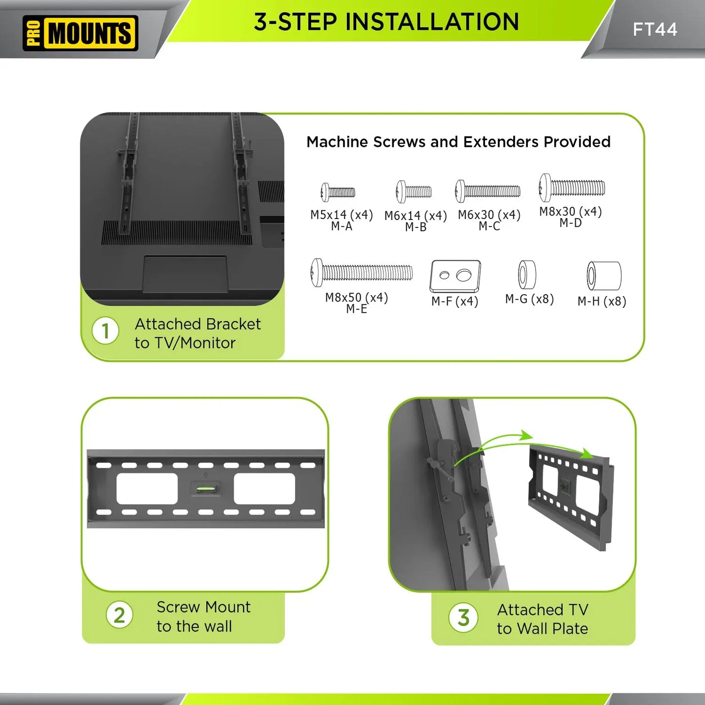 ProMounts Tilt / Tilting TV Wall Mount for 32" to 65" TVs, Holds up to 165lbs (FT44) - ProMounts