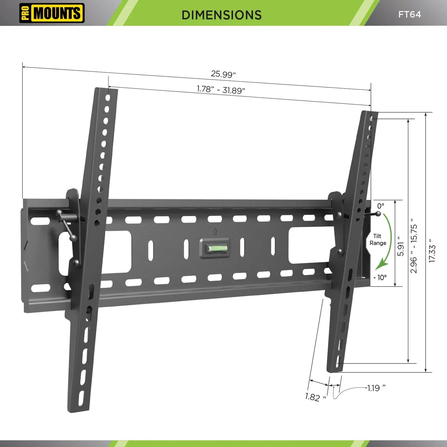 ProMounts Black Tilt Wall Mount for 42 to 84 inch Screens, Holds up to 165 lbs (FT64) ProMounts