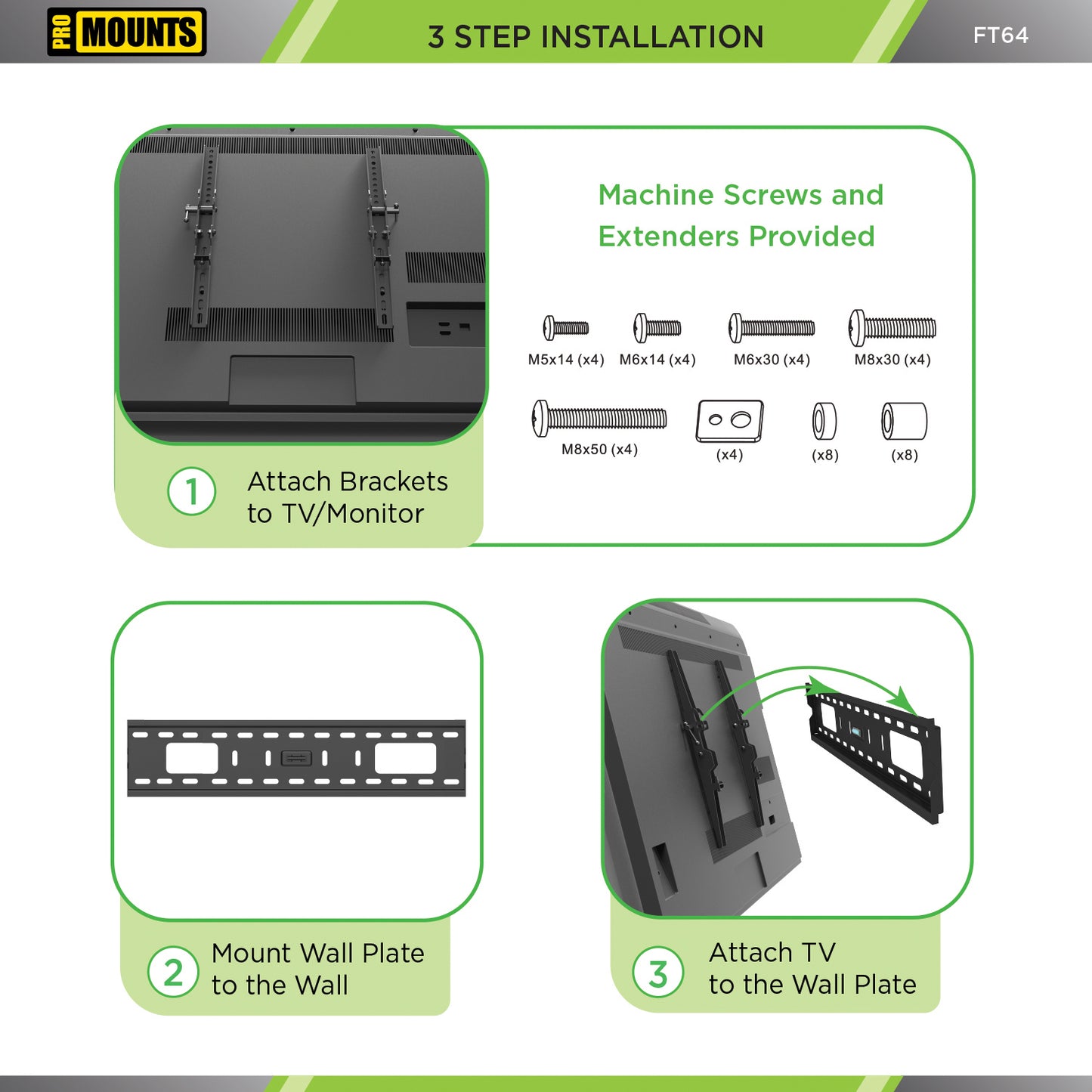 ProMounts Black Tilt Wall Mount for 42 to 84 inch Screens, Holds up to 165 lbs (FT64) - ProMounts
