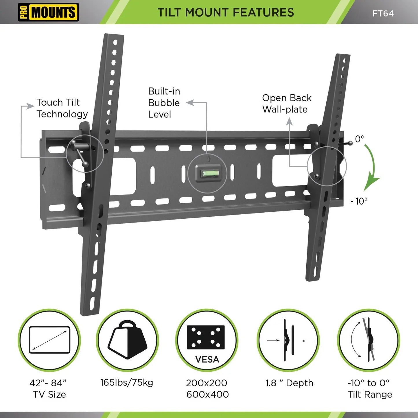 ProMounts Black Tilt Wall Mount for 42 to 84 inch Screens, Holds up to 165 lbs (FT64) ProMounts