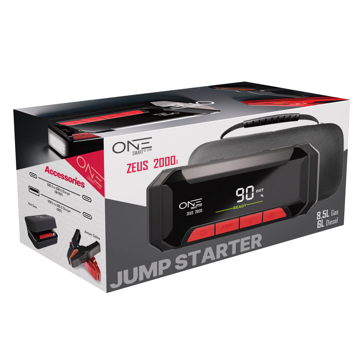 ONE Jump Starter 2000A Peak Battery Pack, Ultrasafe Car Battery Jumpstarter, 12V Jump Box for Battery up to 8.5L Gas/6L Diesel Engine, Battery Booster 65W Fast Charger, Portable Hard Case/Dust Tight(OAJS-2001) - ProMounts