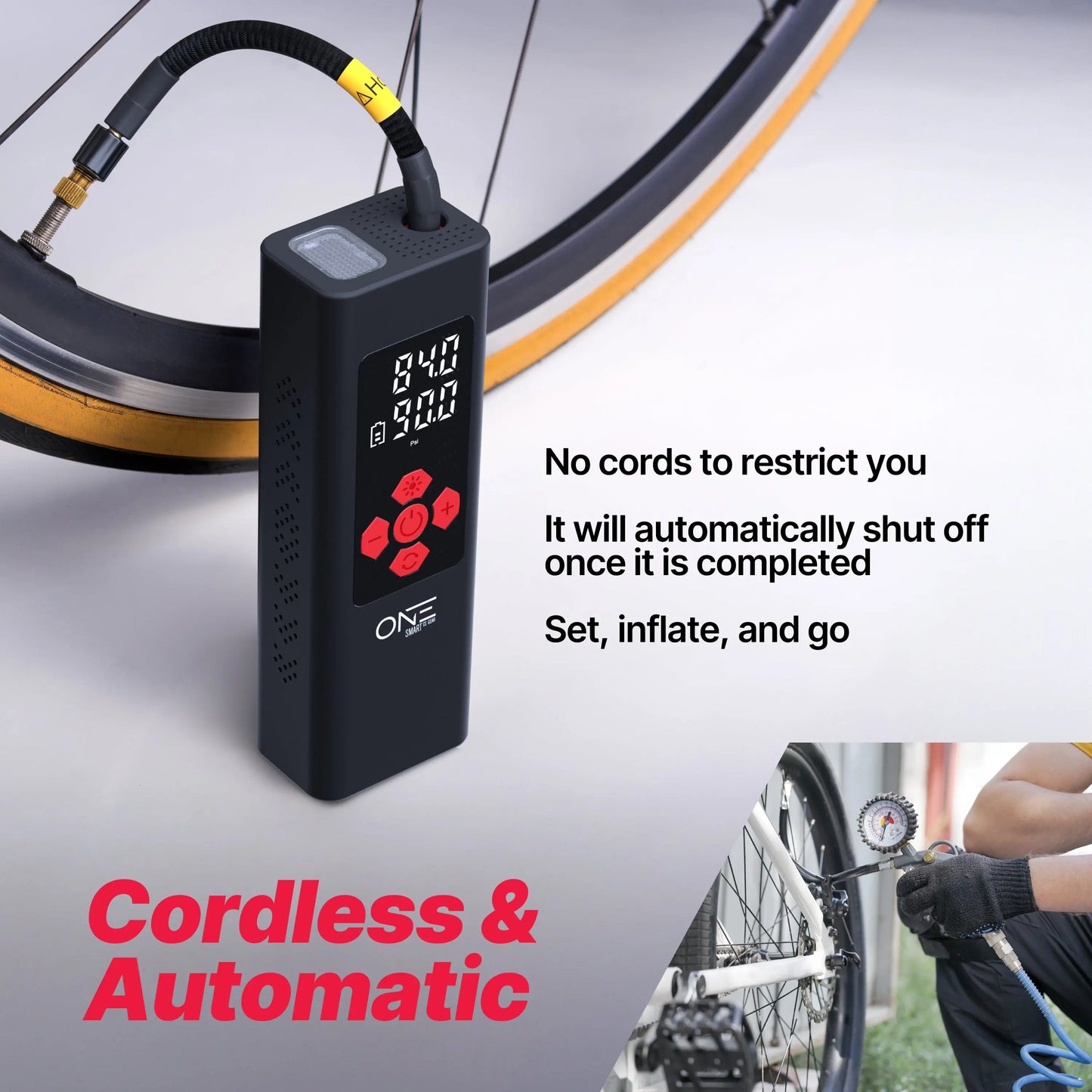 ONE Tire Inflator Portable Air Compressor,150PSI Portable Air Pump, Accurate Pressure LCD Display, Digital Electric Tire Pump for Cars, Bikes, Motor Bikes and Balls, Long Lasting 7800mAh/11.1V battery - ProMounts