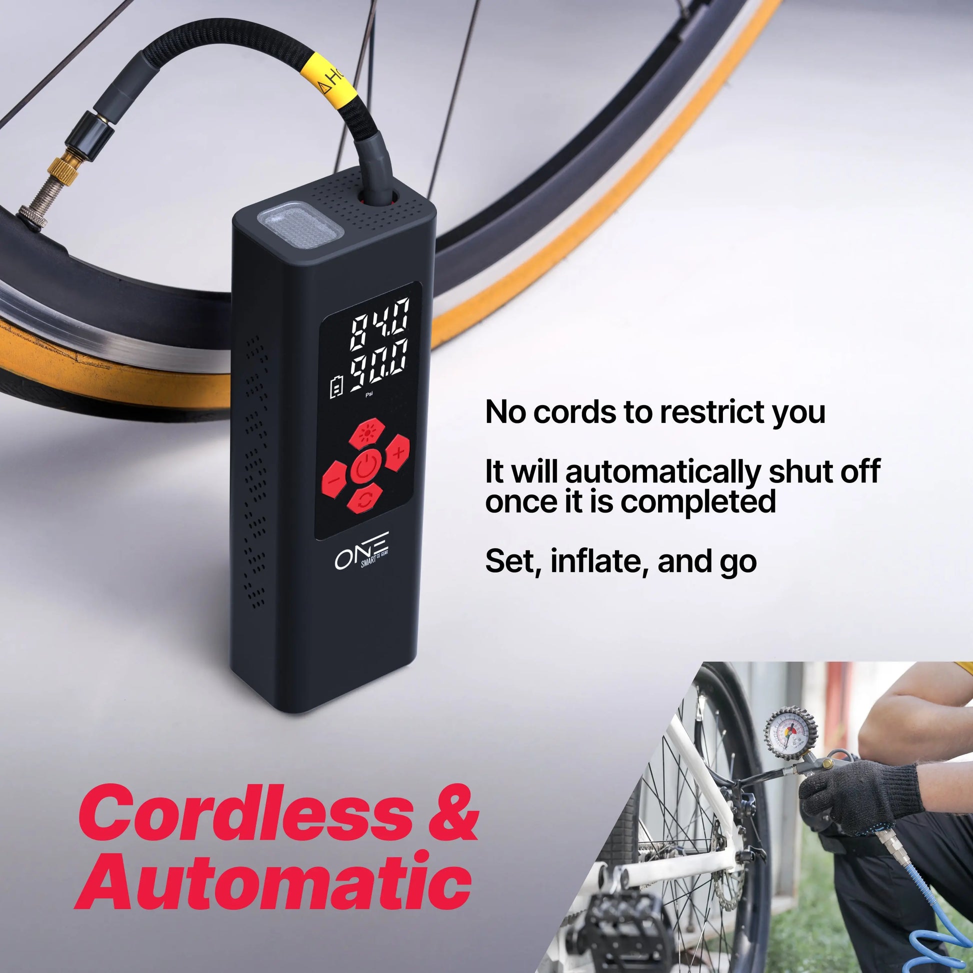 ONE Tire Inflator Portable Air Compressor,150PSI Portable Air Pump, Accurate Pressure LCD Display, Digital Electric Tire Pump for Cars, Bikes, Motor Bikes and Balls, Long Lasting 7800mAh/11.1V battery - ProMounts