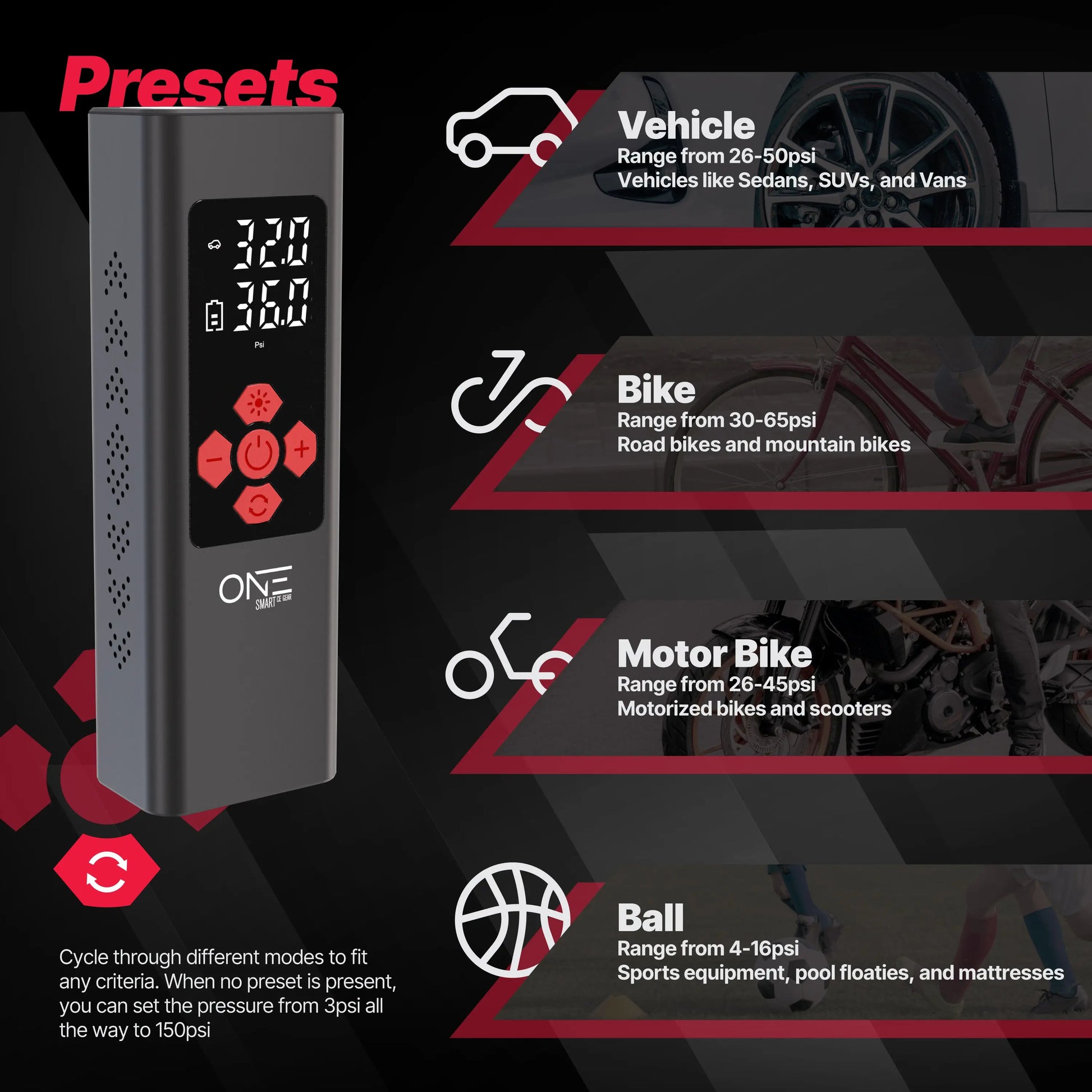 ONE Tire Inflator Portable Air Compressor,150PSI Portable Air Pump, Accurate Pressure LCD Display, Digital Electric Tire Pump for Cars, Bikes, Motor Bikes and Balls, Long Lasting 7800mAh/11.1V battery - ProMounts