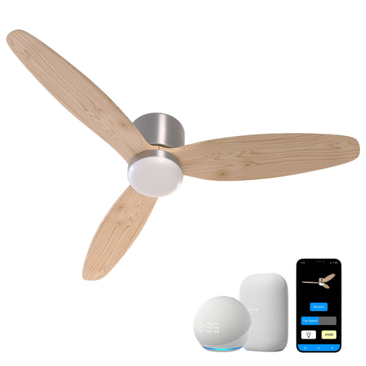 ProMounts 52 in. WIFI 3-Blade Smart Ceiling Fan with Reversible Motor, 6 Speeds and 3 Color Temperatures, App Control, Natural Wood One Smart CE Gear
