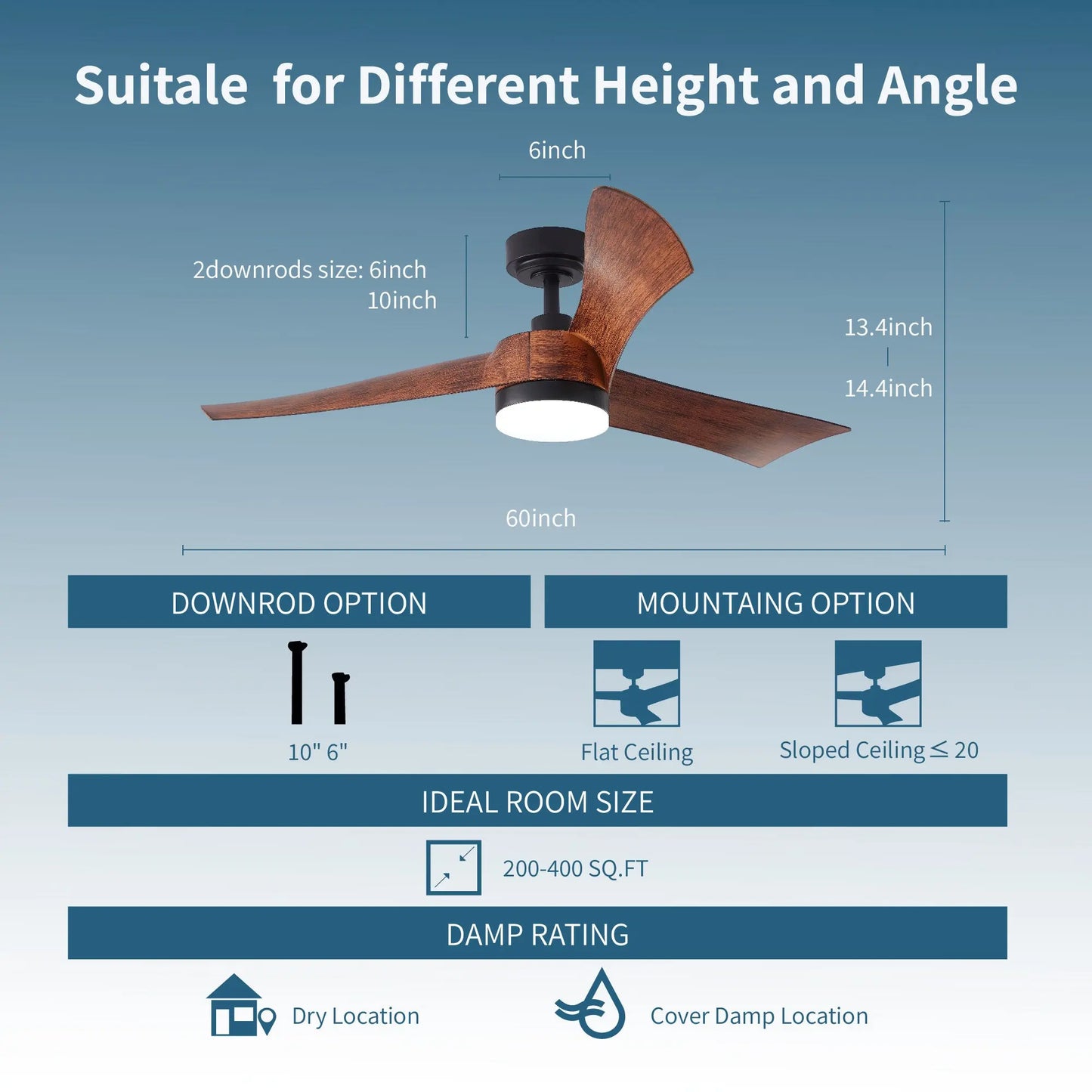 ProMounts 54 in. WiFi 3-Blade Smart Ceiling Fan with Reversible Motor, 6 Speeds and 3 Color Temperatures, App Control, Walnut - ProMounts