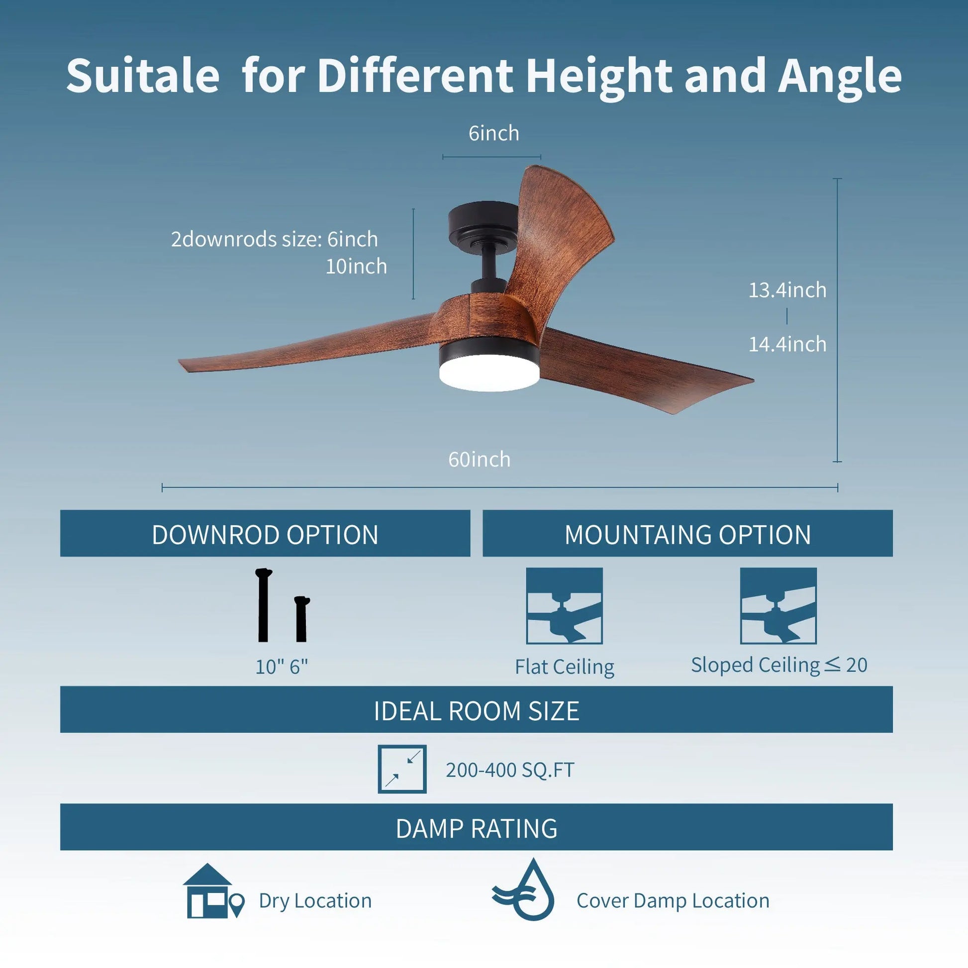 ProMounts 54 in. WiFi 3-Blade Smart Ceiling Fan with Reversible Motor, 6 Speeds and 3 Color Temperatures, App Control, Walnut - ProMounts