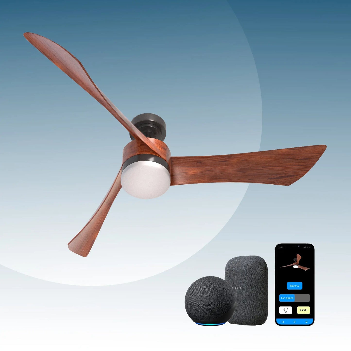 ProMounts 54 in. WiFi 3-Blade Smart Ceiling Fan with Reversible Motor, 6 Speeds and 3 Color Temperatures, App Control, Walnut - ProMounts