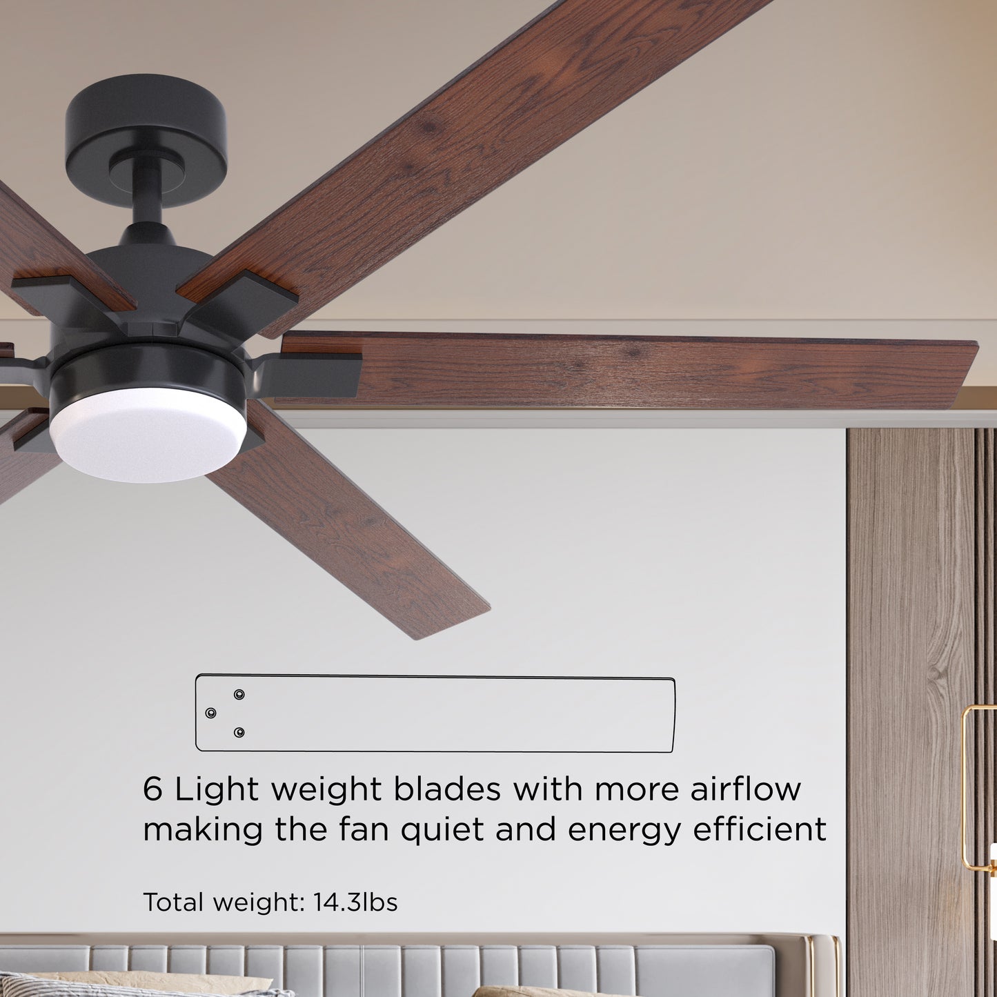 ProMounts 60 in. WiFi 6-Blade Smart Ceiling Fan with Reversible Motor, 6 Speeds and 3 Color Temperatures, App Control, Walnut - ProMounts