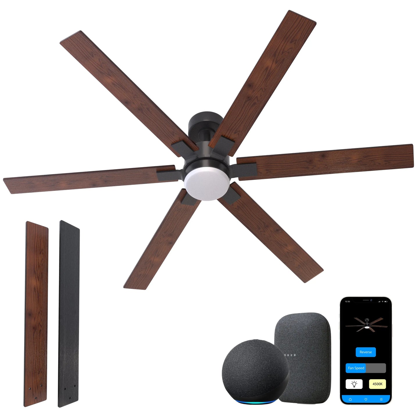 ProMounts 60 in. WiFi 6-Blade Smart Ceiling Fan with Reversible Motor, 6 Speeds and 3 Color Temperatures, App Control, Walnut - ProMounts