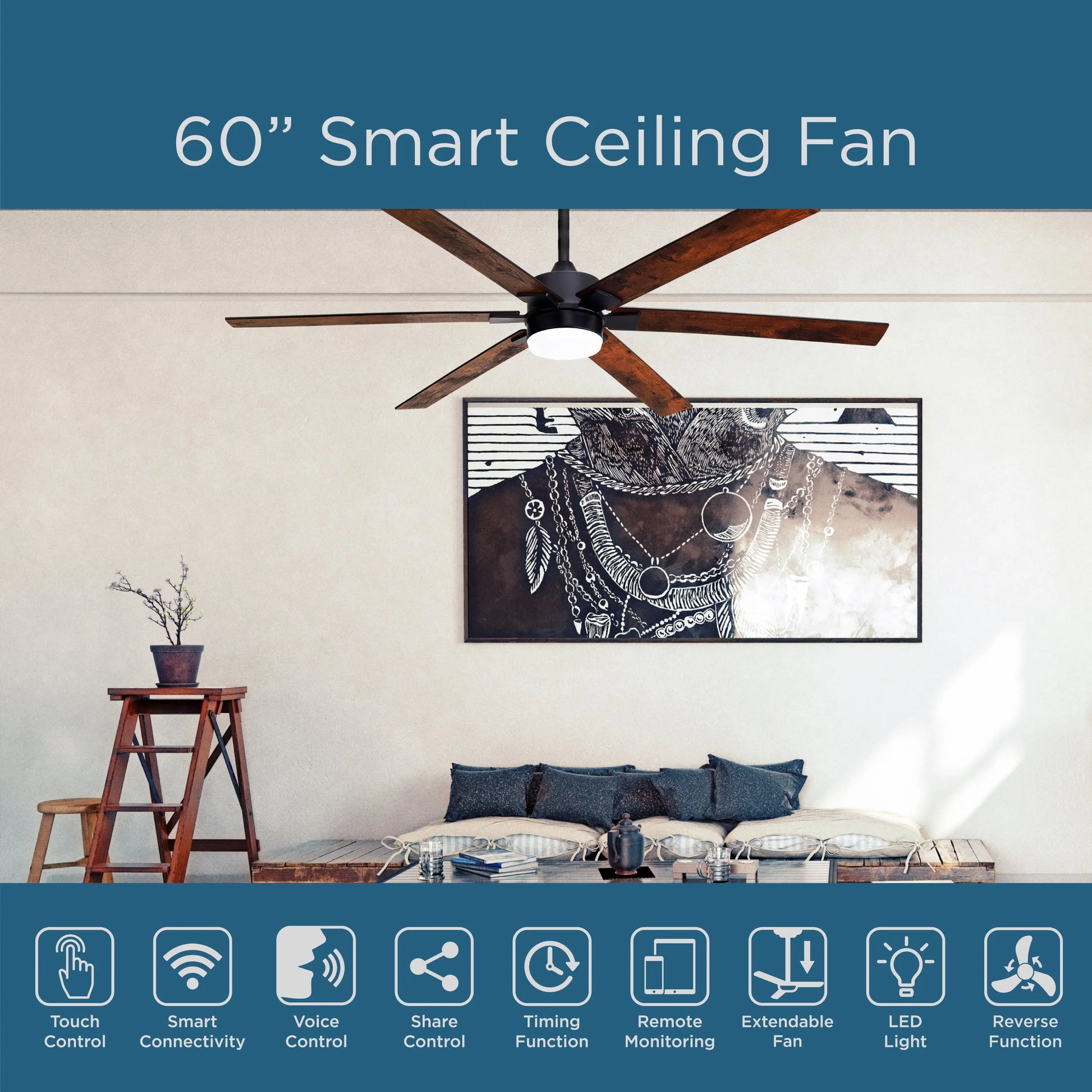 ProMounts 60 in. WiFi 6-Blade Smart Ceiling Fan with Reversible Motor, 6 Speeds and 3 Color Temperatures, App Control, Walnut - ProMounts