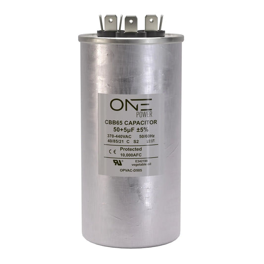 ONE Power 50/5-MFD, 370V or 440V Dual Run A/C Capacitor 50+5 uF CBB65B Air Conditioner Capacitors for AC Unit Fan Motor Start or Heat Pump or Condenser Straight Cool (OPCDR505) - ProMounts