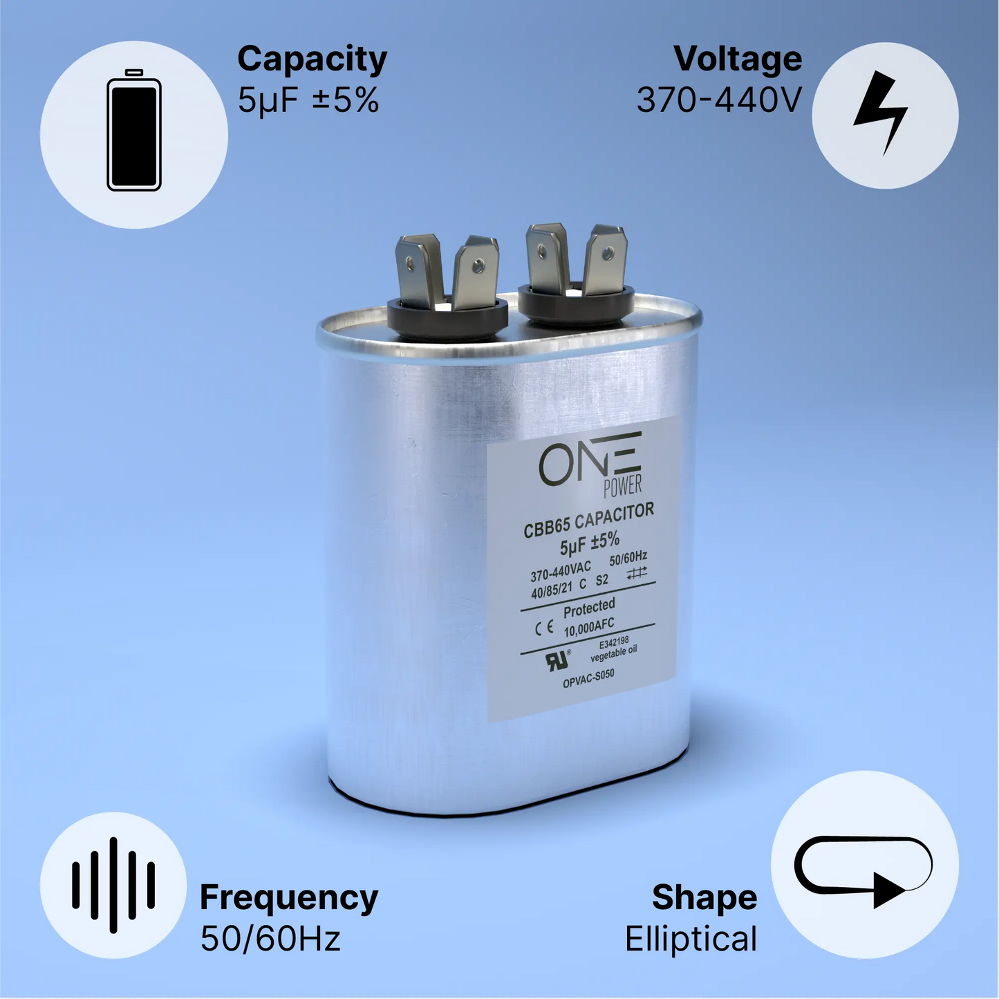 ONE Power 5-MFD, 370V or 440V Single Run A/C Capacitor 5 uF CBB65B Air Conditioner Capacitors for AC Unit Fan Motor Start or Heat Pump or Condenser Straight Cool (OPCSR5) - ProMounts