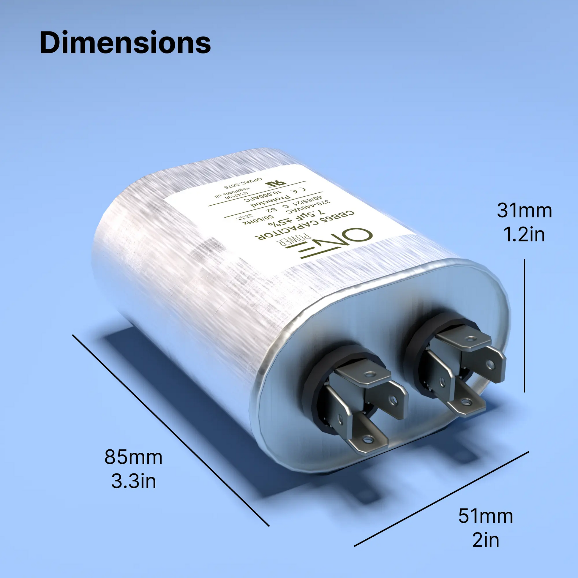 ONE Power 7.5-MFD, 370V or 440V Single Run A/C Capacitor 7.5 uF CBB65B Air Conditioner Capacitors for AC Unit Fan Motor Start or Heat Pump or Condenser Straight Cool (OPCSR75) - ProMounts