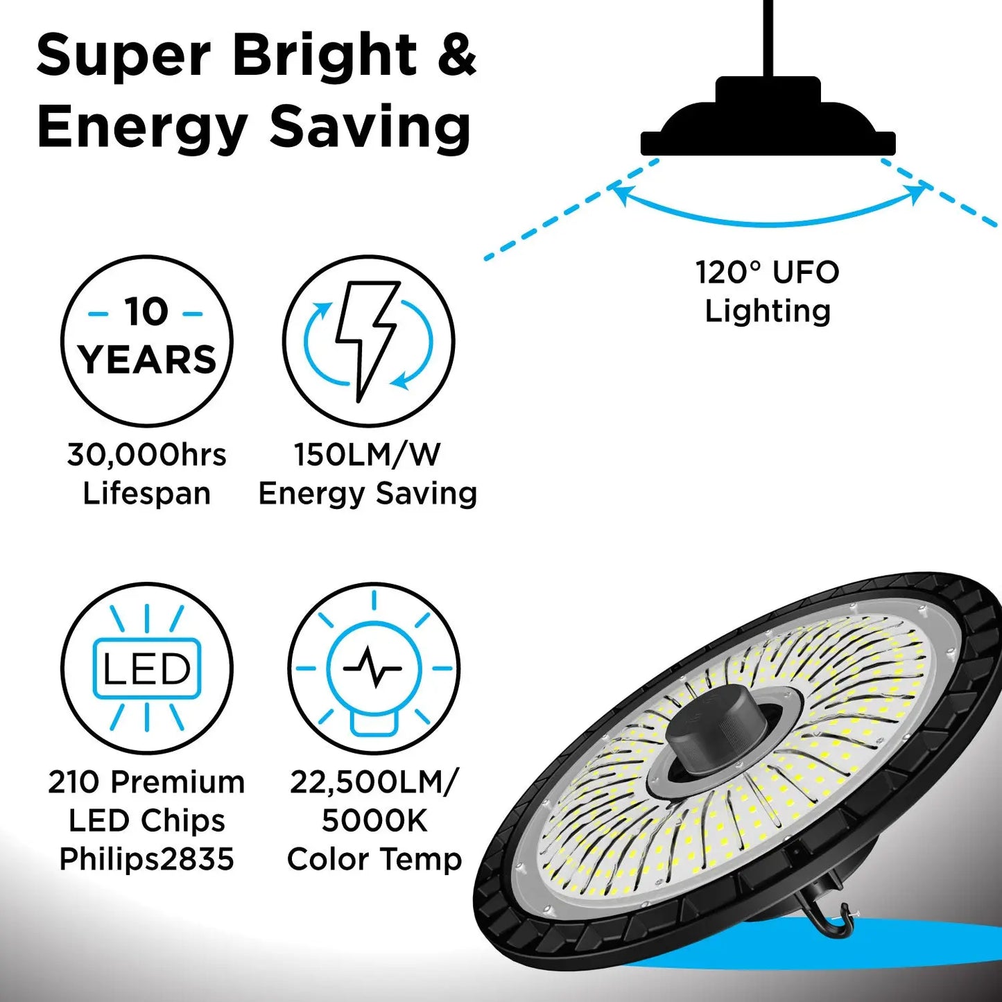 ONE Smart UFO High Bay LED Light, 6 Pack Commercial Bay Lighting with Motion Sensor for Garage/Warehouse/Gym , Remote Control, 150W 22500Lumen Energy Saving, UL Certified IP66 Waterproof - ProMounts