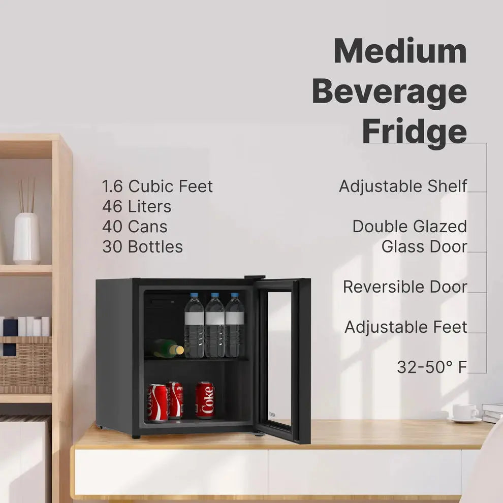 SnowLion Premium 46L Beverage Refrigerator 1.6 C.ft. Freestanding Counter-Top Mini Fridge With Glass Door in Black - ProMounts