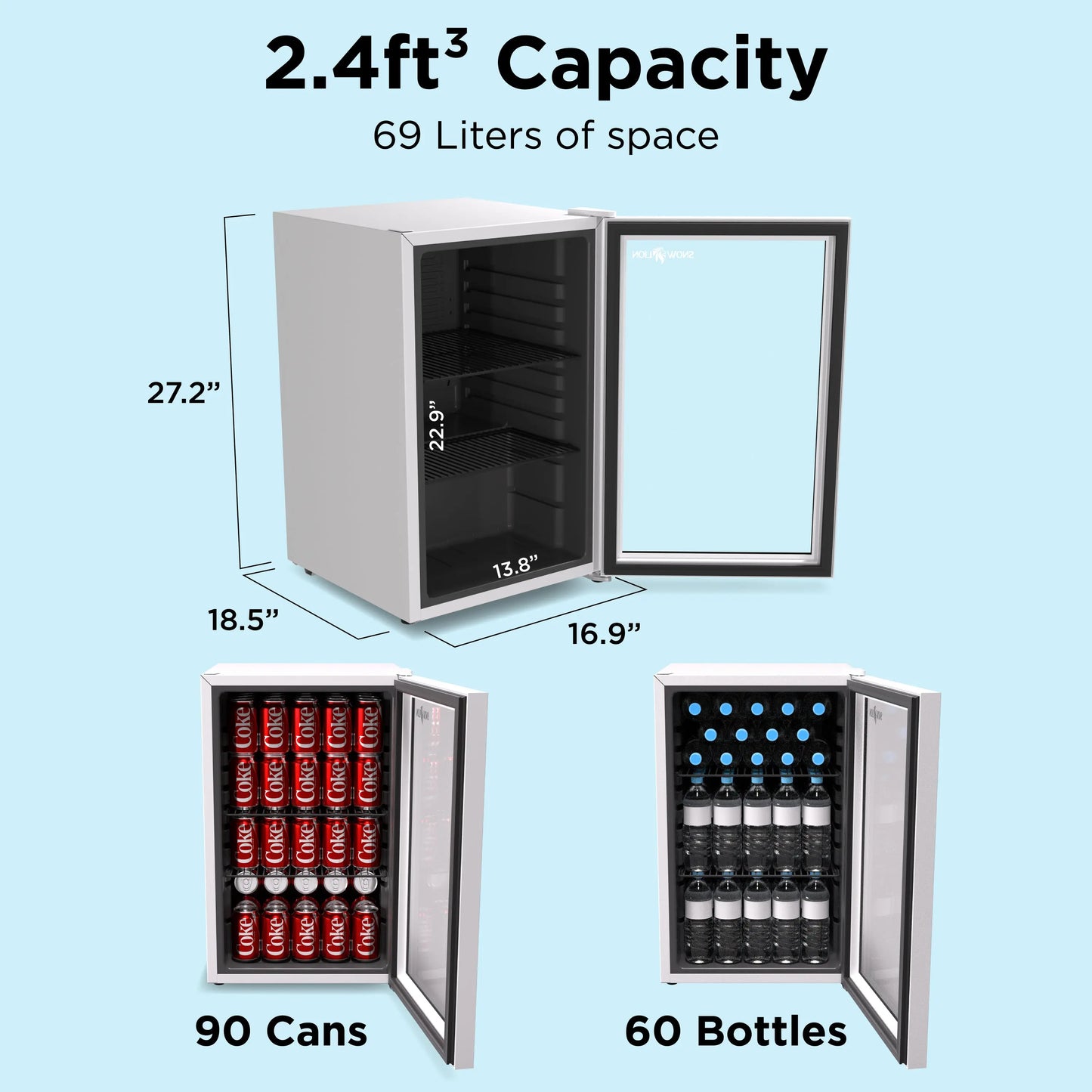 SnowLion Premium 69L Beverage Refrigerator 2.4 C.ft. Freestanding Mini Fridge With Glass Door in White - ProMounts