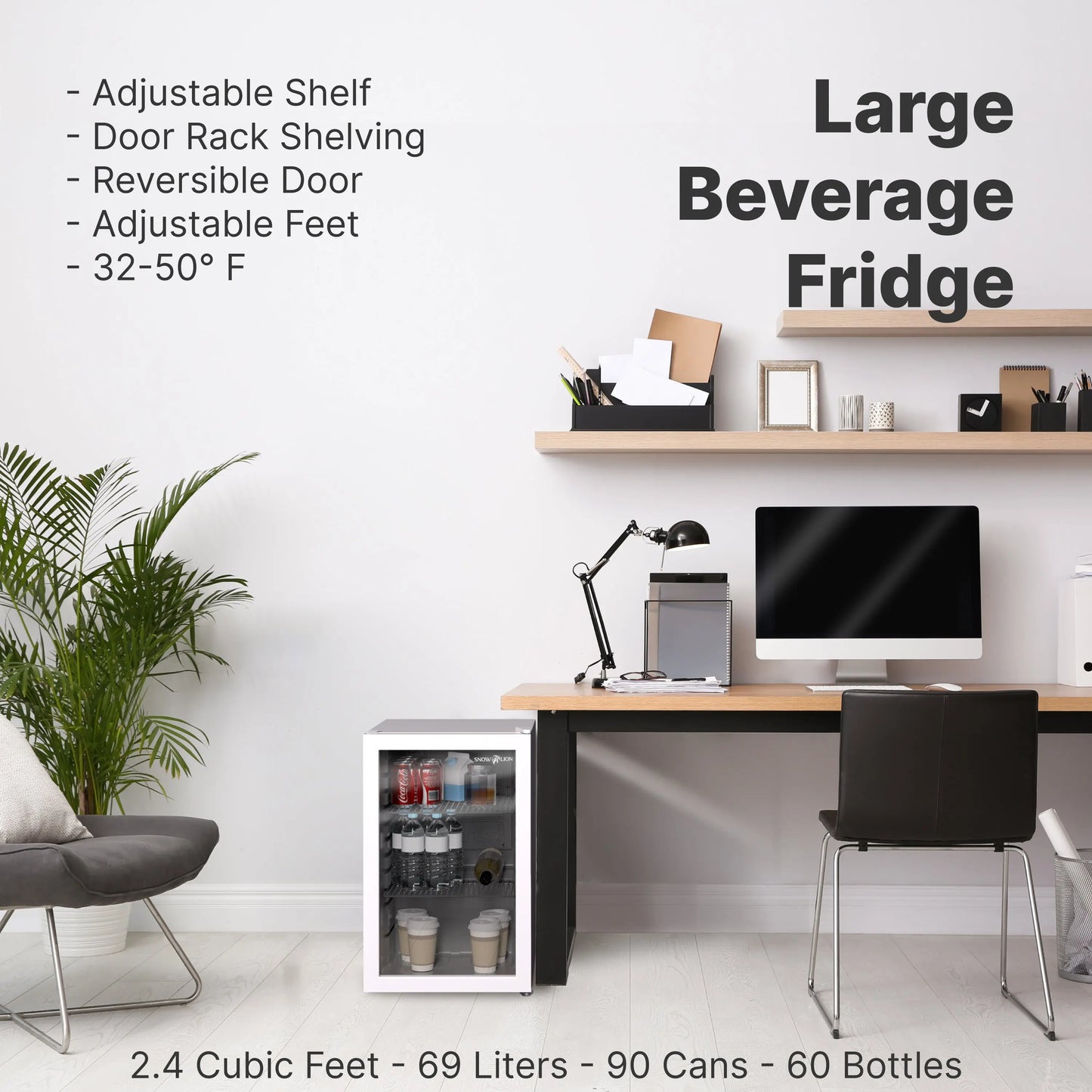 SnowLion Premium 69L Beverage Refrigerator 2.4 C.ft. Freestanding Mini Fridge With Glass Door in White - ProMounts