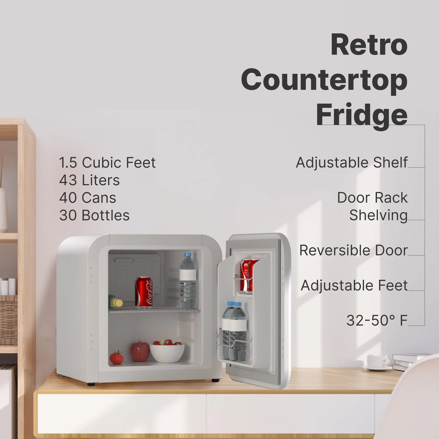 Husky Premium 43L Retro Style 1.5 C.ft. Freestanding Mini Fridge in White - ProMounts