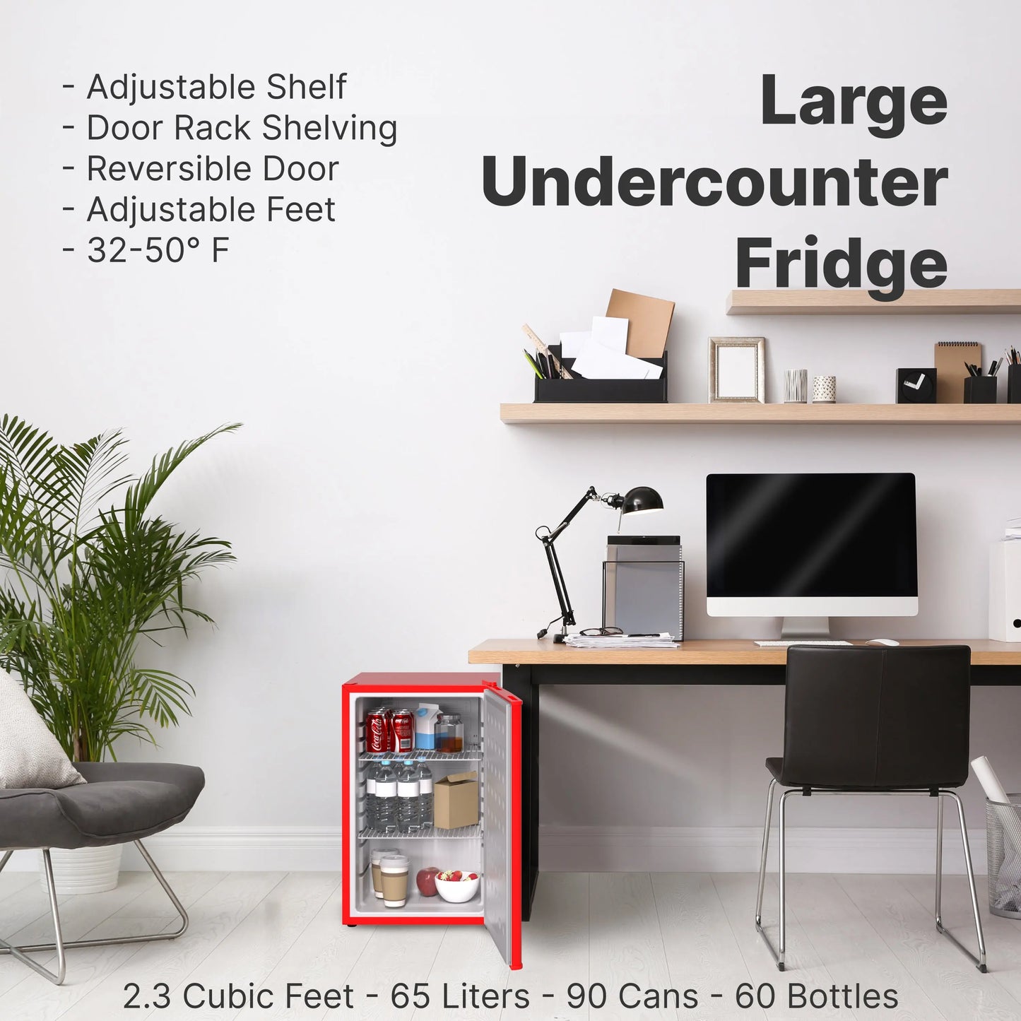 SnowLion Premium 65L Solid Door 2.3 C.ft. Freestanding Under-Counter Mini Fridge in Red SnowLion