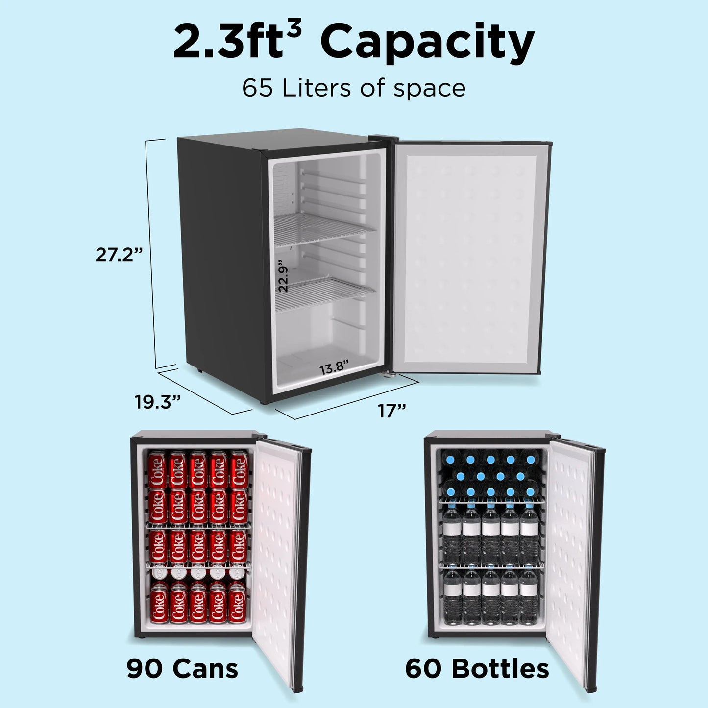 SnowLion Premium 65L Solid Door 2.3 Cu.ft. Freestanding Under-Counter Mini Fridge in Black - ProMounts