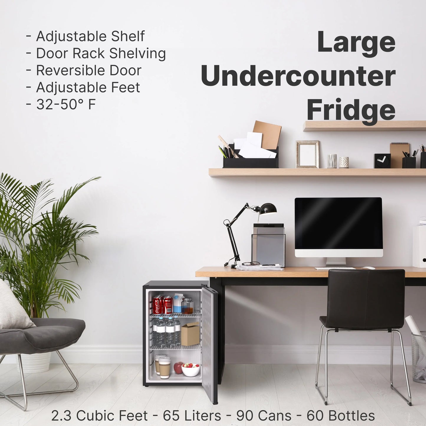 SnowLion Premium 65L Solid Door 2.3 Cu.ft. Freestanding Under-Counter Mini Fridge in Black - ProMounts