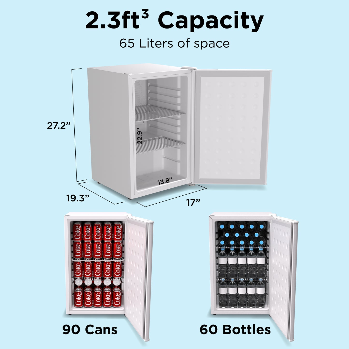 SnowLion Premium 65L Solid Door 2.3 Cu.ft. Freestanding Under-Counter Mini Fridge in White - ProMounts