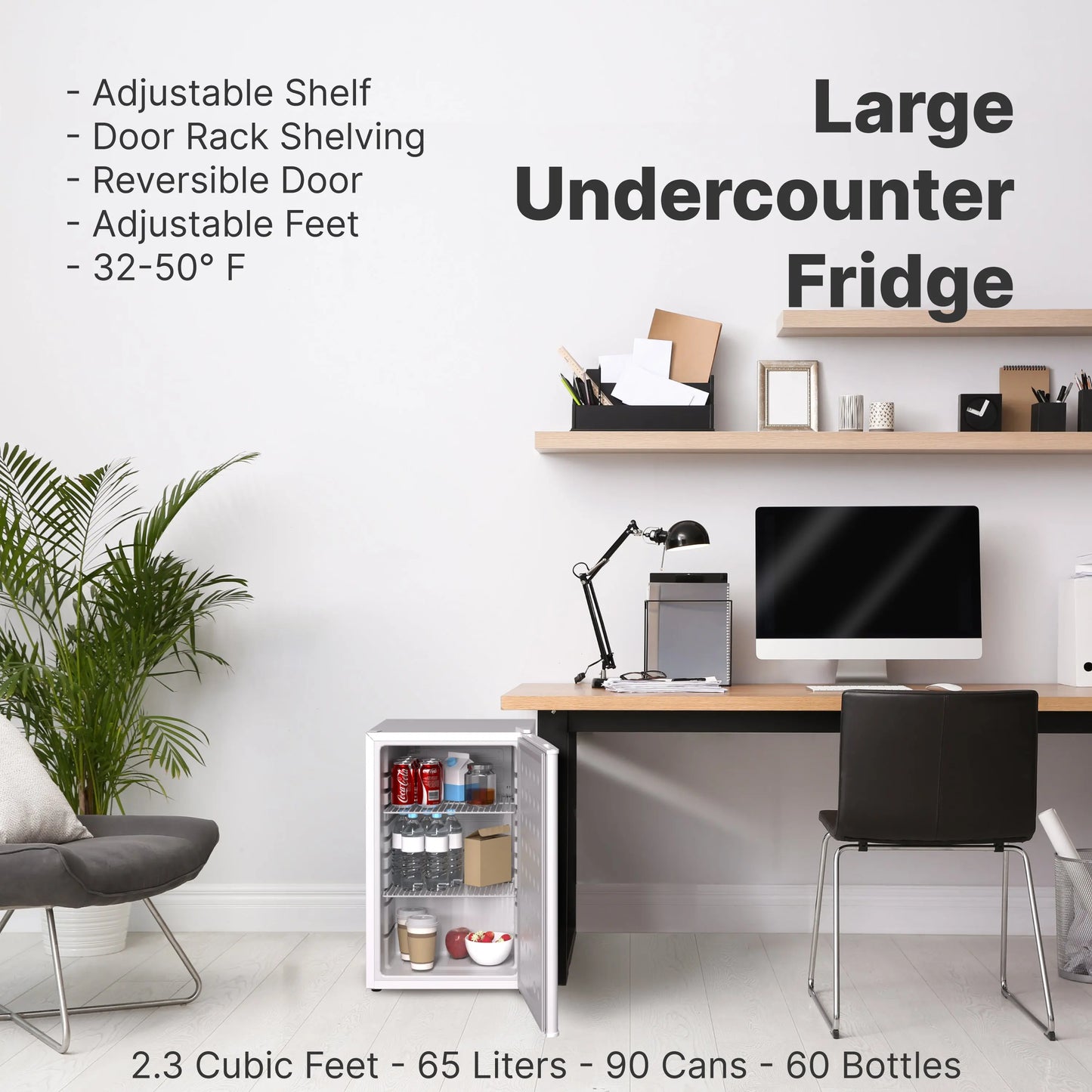 SnowLion Premium 65L Solid Door 2.3 Cu.ft. Freestanding Under-Counter Mini Fridge in White - ProMounts
