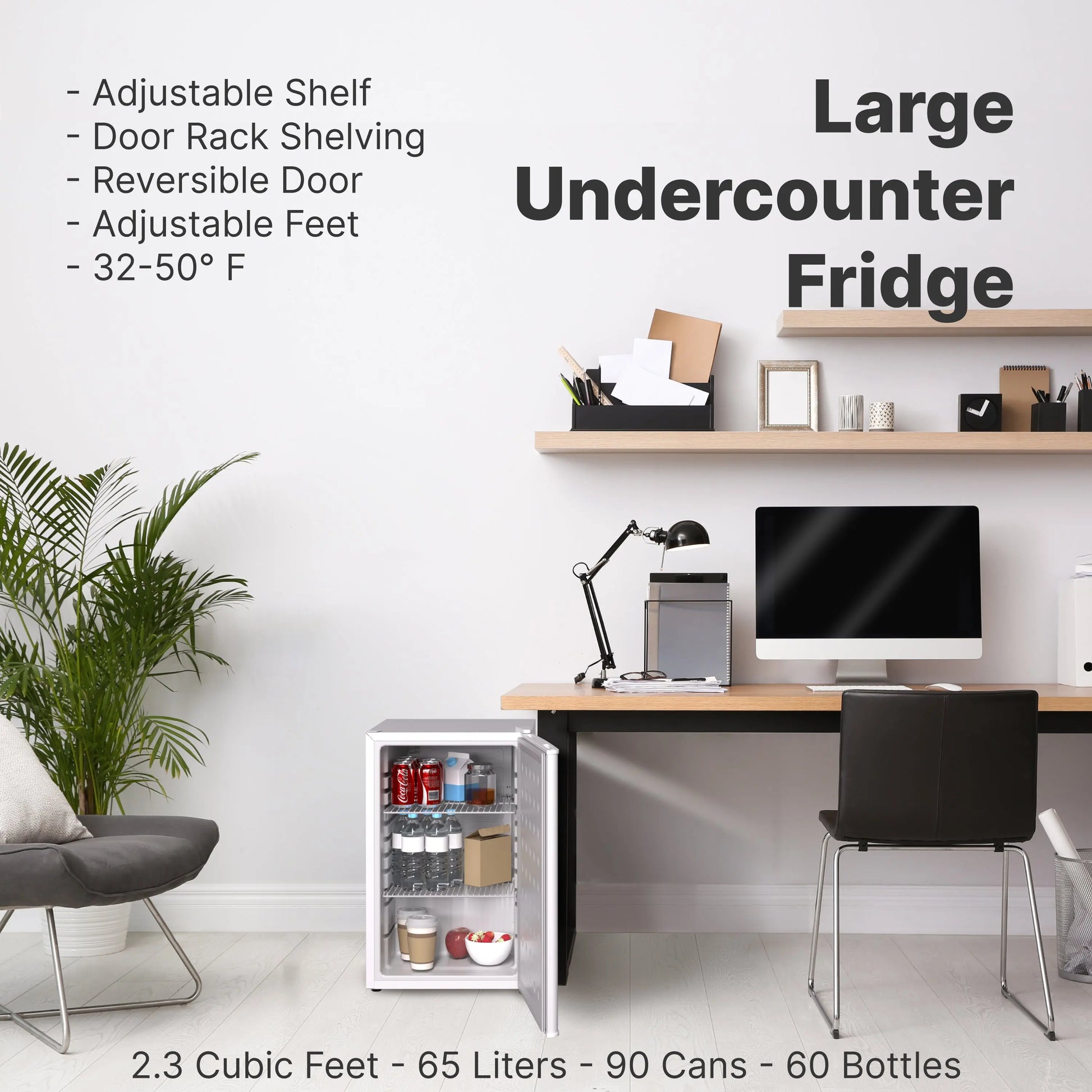 SnowLion Premium 65L Solid Door 2.3 Cu.ft. Freestanding Under-Counter Mini Fridge in White - ProMounts