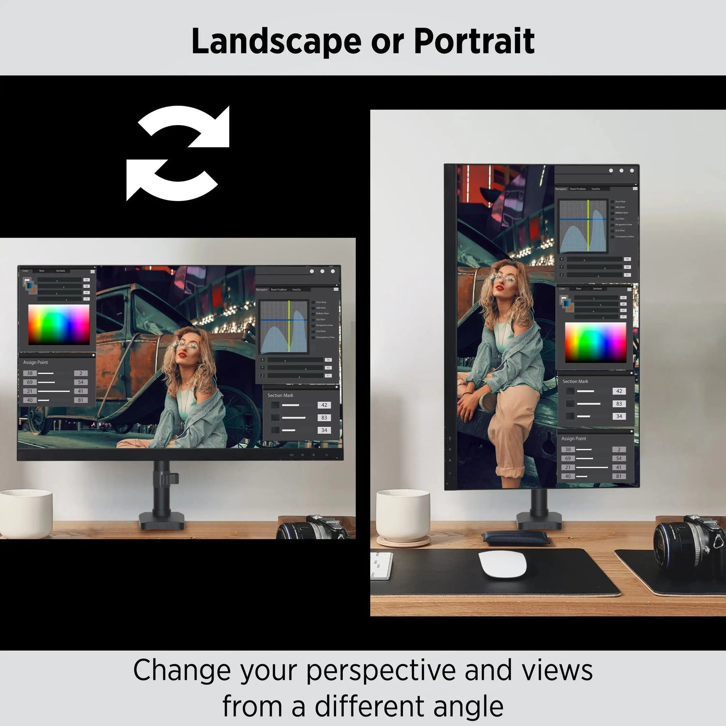 ProMounts Landscape to Portrait Single Monitor Arm for 13” to 32” Screens Holds up to 17.6 lbs ProMounts