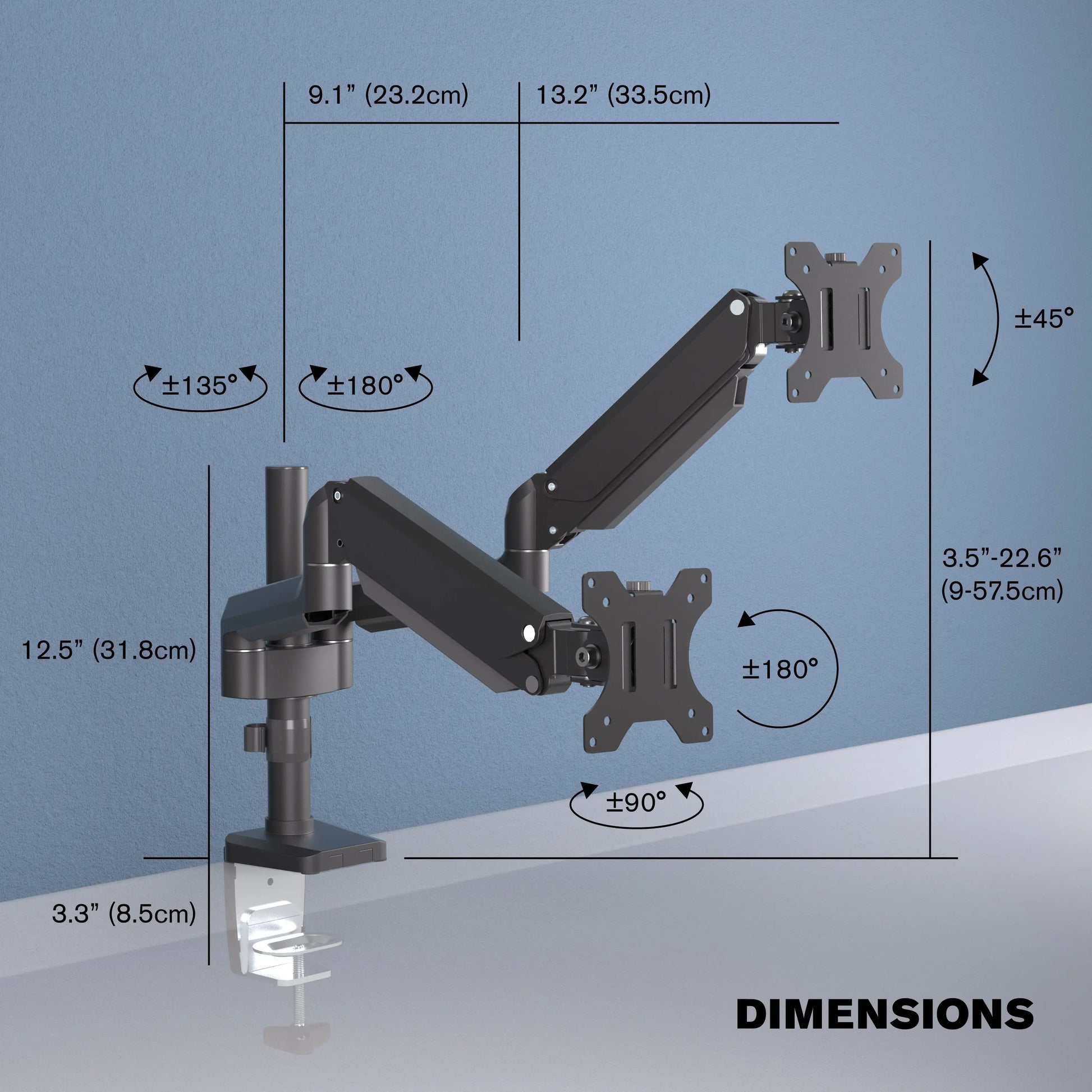 ProMounts Landscape to Portrait Double Monitor Arms for 13" to 32" Screens Holds up to 17.6 lbs - ProMounts