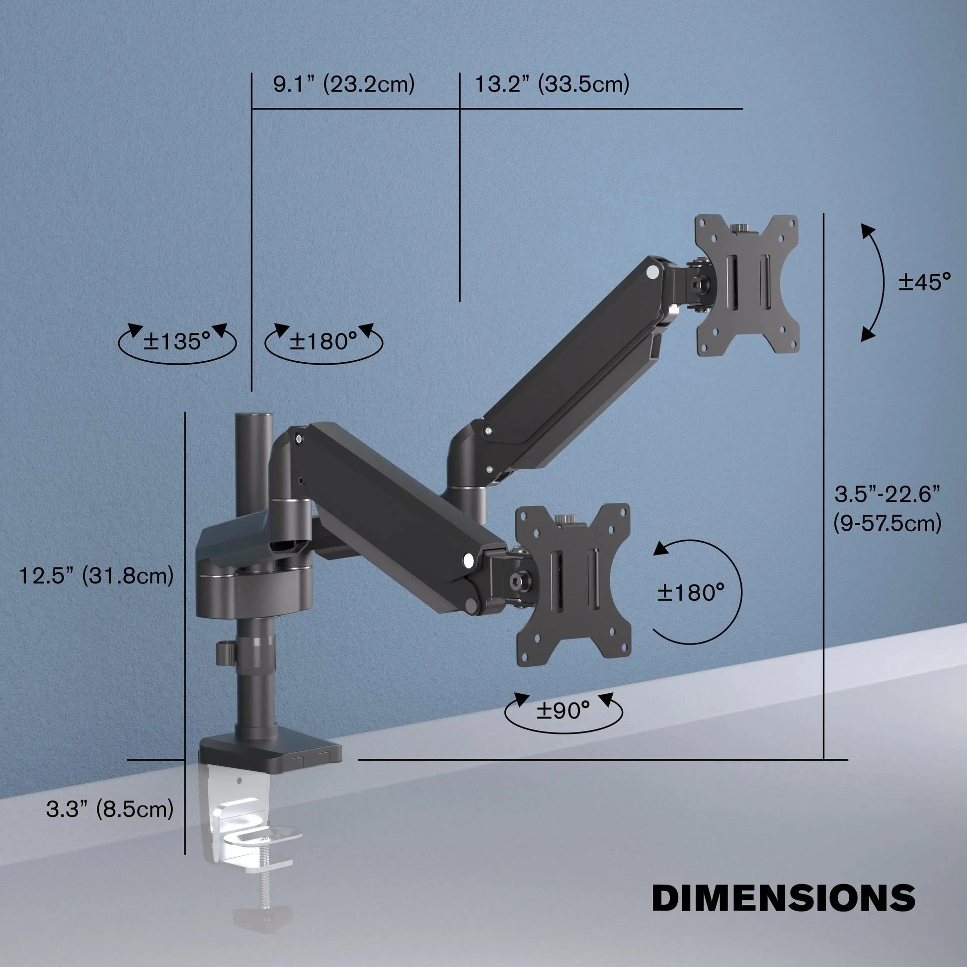 ProMounts Landscape to Portrait Double Monitor Arms for 13" to 32" Screens Holds up to 17.6 lbs Each Arm ProMounts
