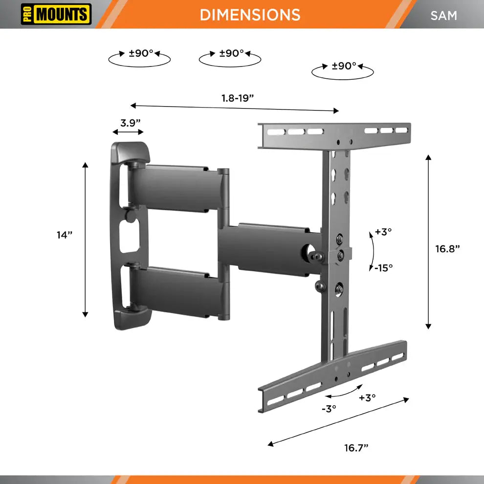 ProMounts Premium Articulating/Full Motion TV Wall Mount for 30 to 65-inch LED, LCD, OLED Plasma TV Screens, Holds up to 80 lbs.(SAM) - ProMounts