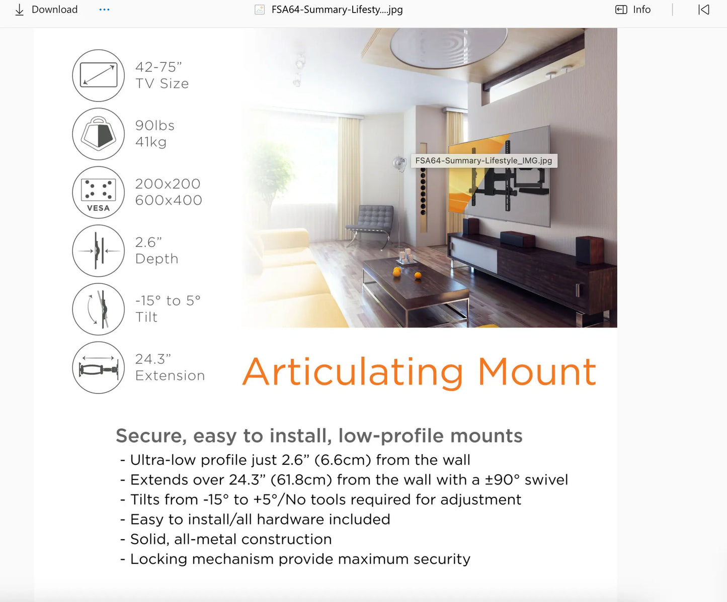 ProMounts Premium Articulating / Full Motion TV Wall Mount For 42" to 75" TVs Up to 90lbs (FSA64) - ProMounts
