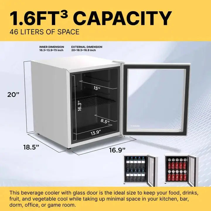 SnowLion Premium 46L Beverage Refrigerator 1.6 C.ft. Freestanding Counter-Top Mini Fridge With Glass Door in Black - ProMounts