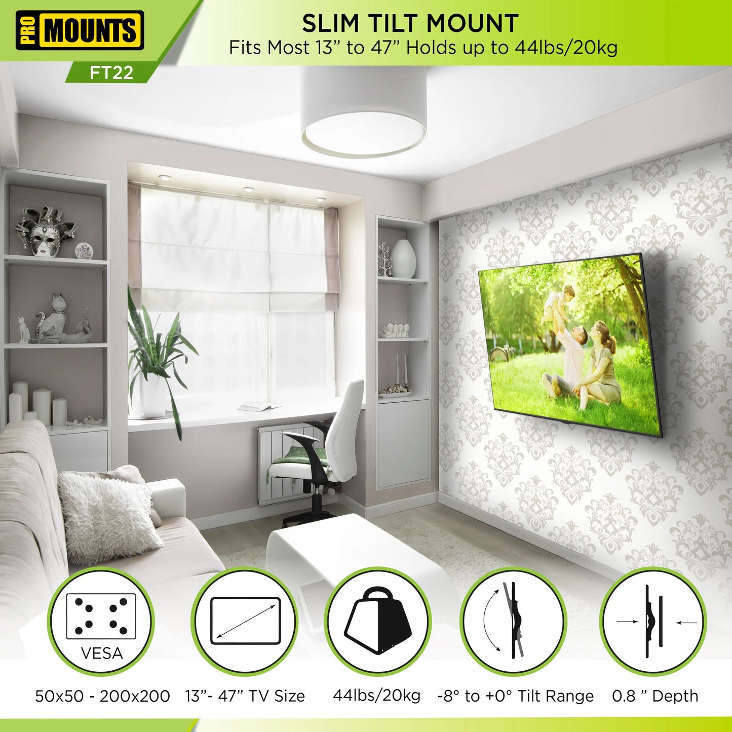 ProMounts Tilting TV Wall Mount for 13" to 47" TVs, Holds up to 44lbs (FT22) ProMounts