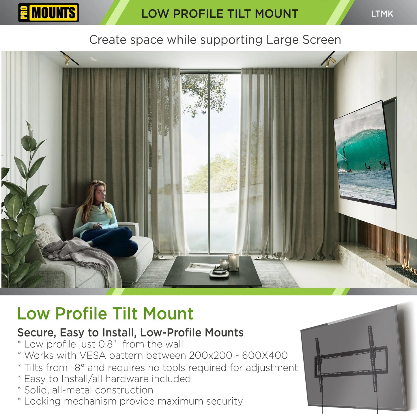ProMounts Tilting TV Wall Mount for 42"-75" Screens Holds up to 100 lbs with HDMI Cable and Screen Cleaner (LTMK) ProMounts