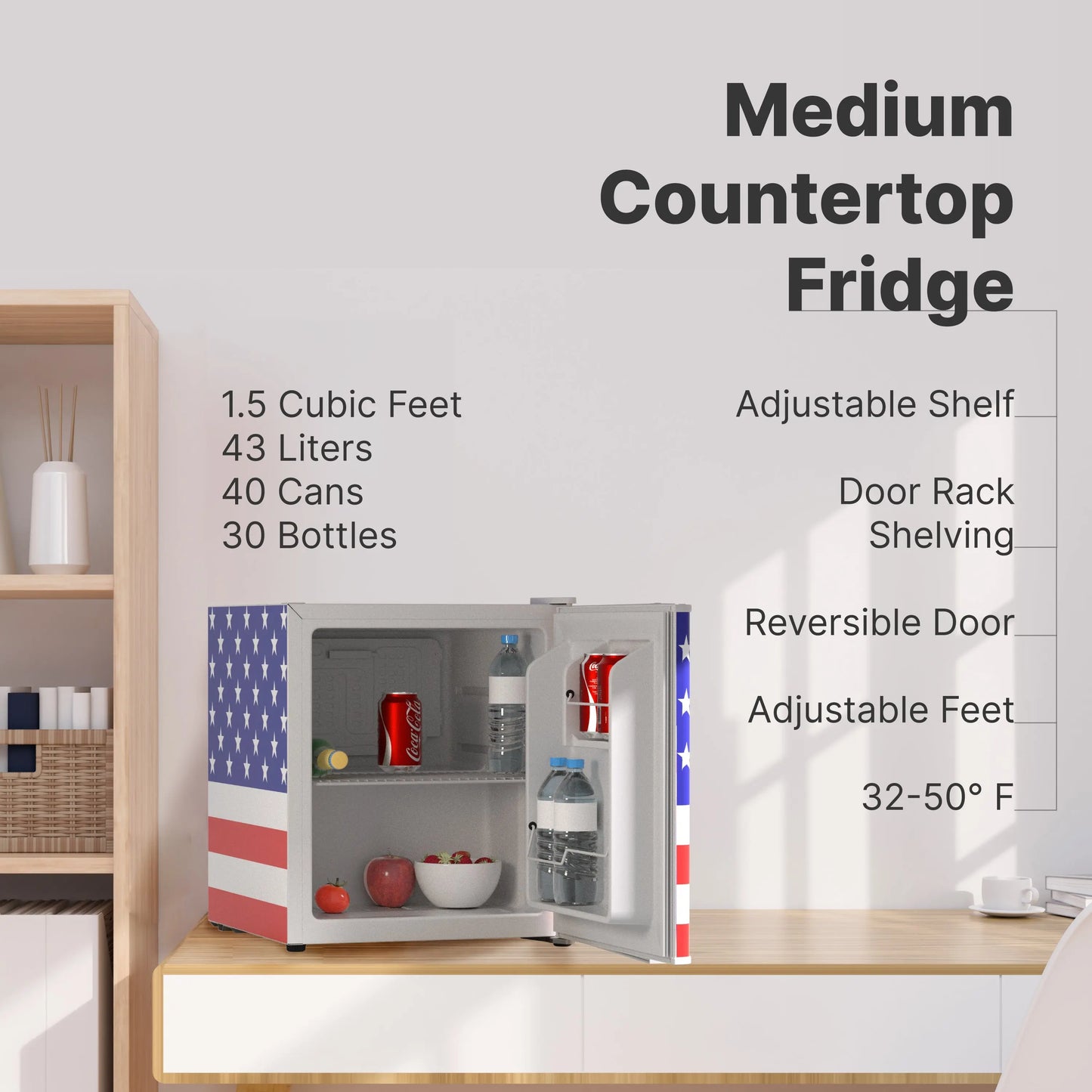 Husky 43L Solid Door 1.5 C.ft. Freestanding Counter-Top Mini Fridge (American Flag) Husky-NA