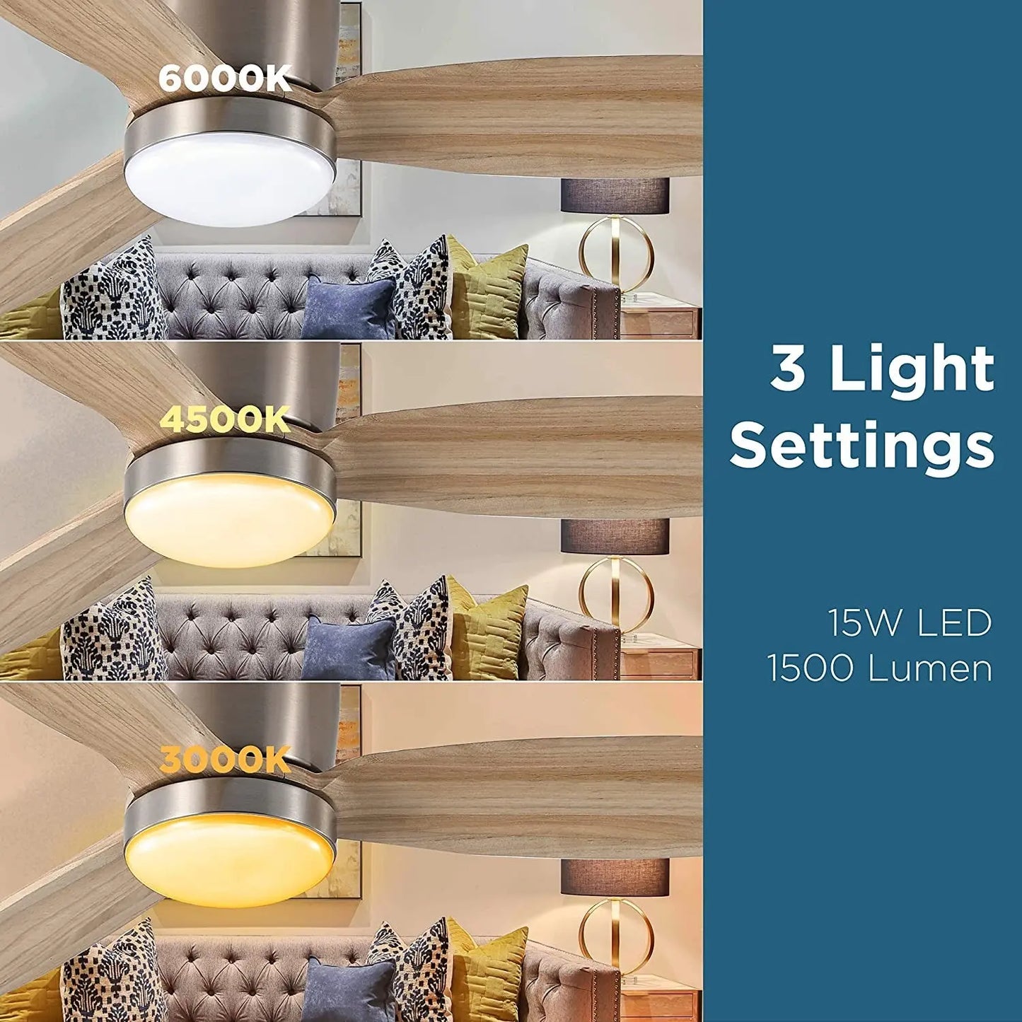 Smart Ceiling Fan 52" 3-Blade with LED Lights, High-Powered Quiet Fan with 6 Speeds and Reverse Function, Wifi Control Fan with 3 Color Temperatures, Works with Tuya Smart, Alexa and Google